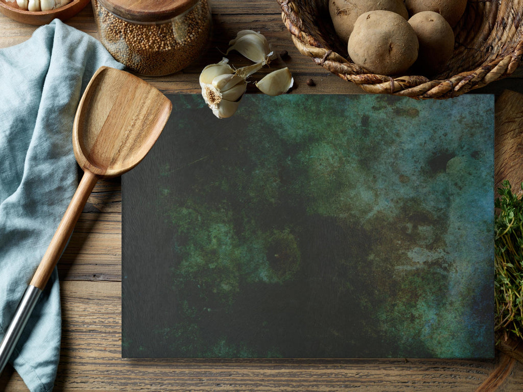Fossil Look Glass Cutting Board: Deep Green & Blue Kitchen Decor
