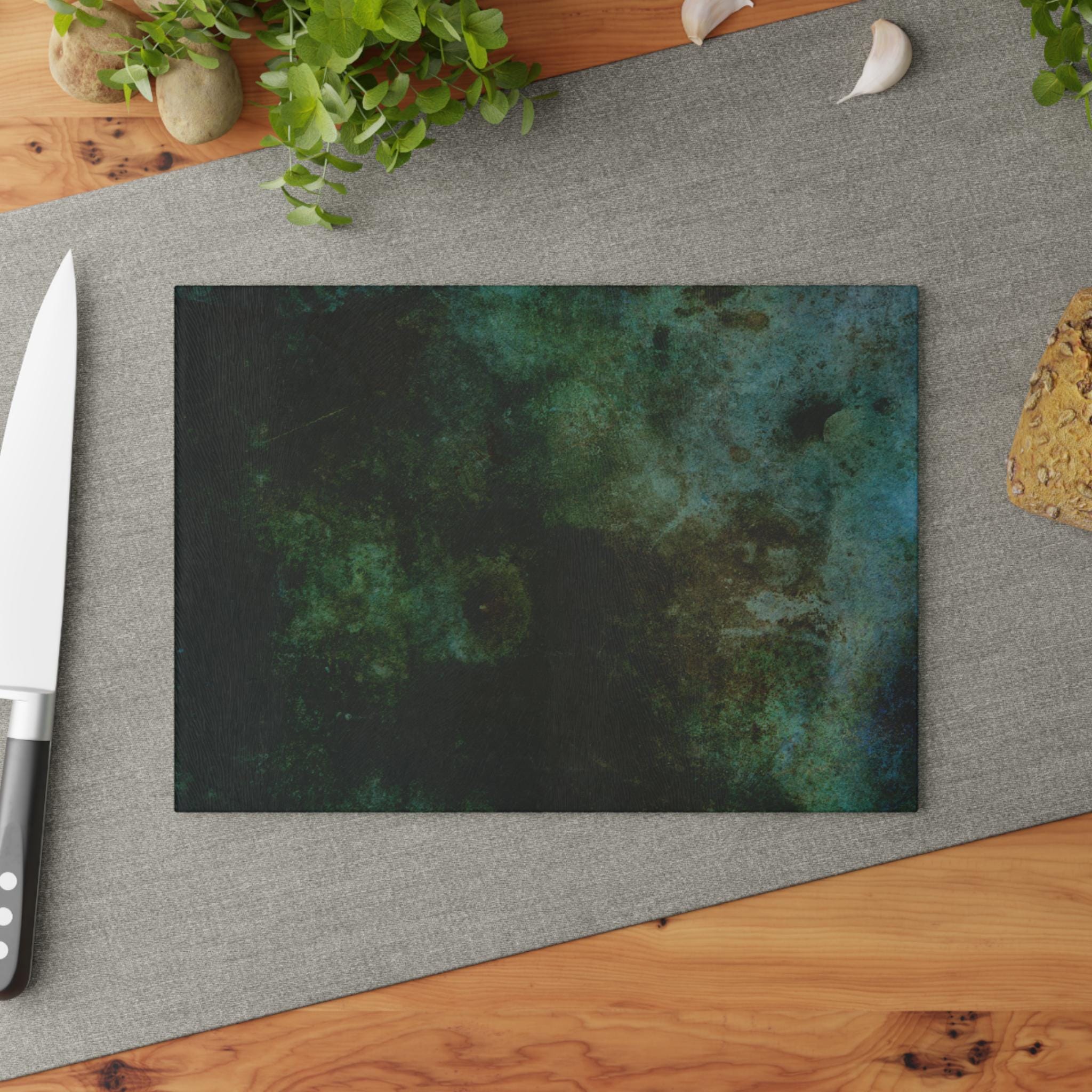 Fossil Look Glass Cutting Board: Deep Green & Blue Kitchen Decor