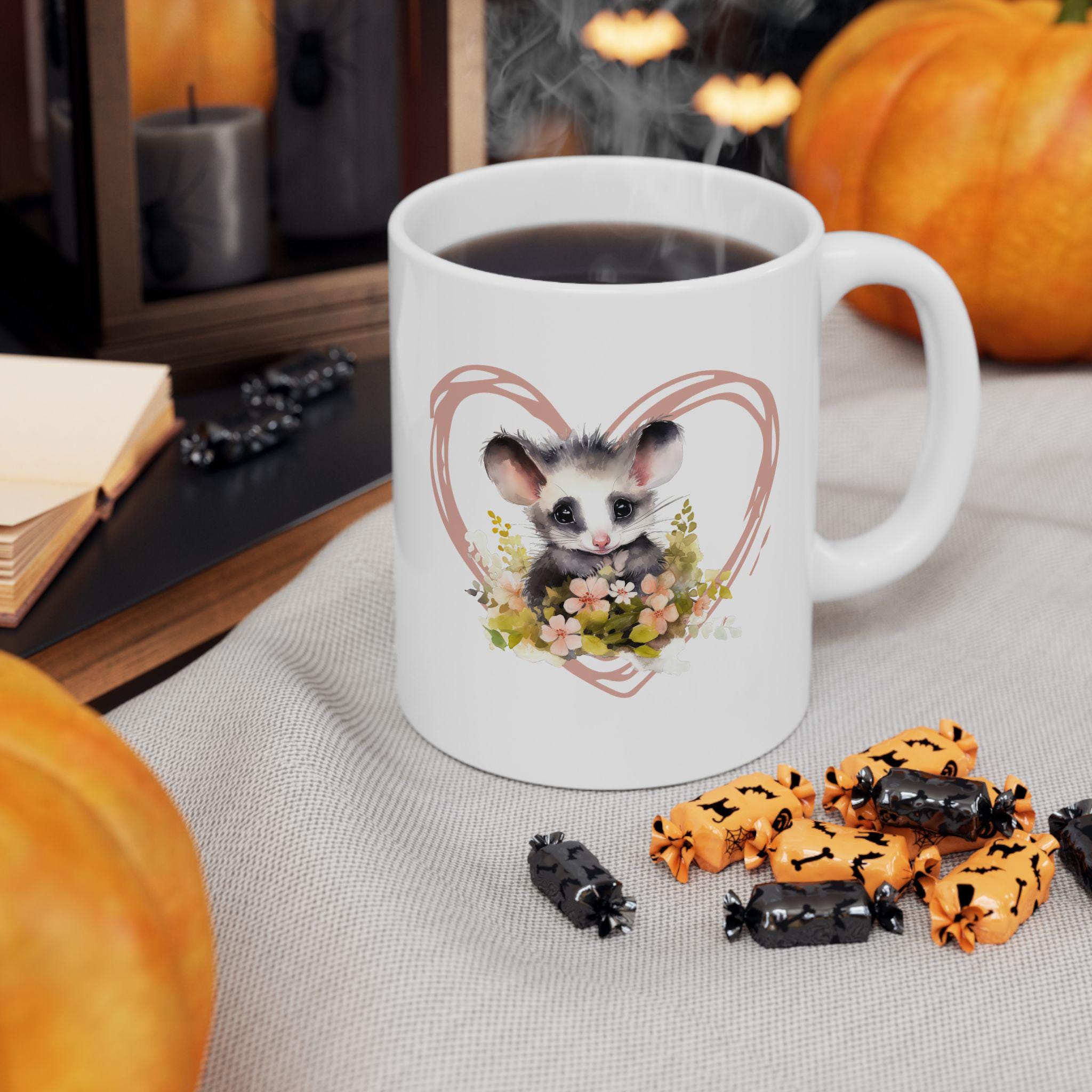Opossum Ceramic Mug, Cute Floral Heart Opossum Lover Gift, 11oz 15oz Coffee Cup, Animal Wildlife Tea Mug, Gift for Nature Enthusiasts