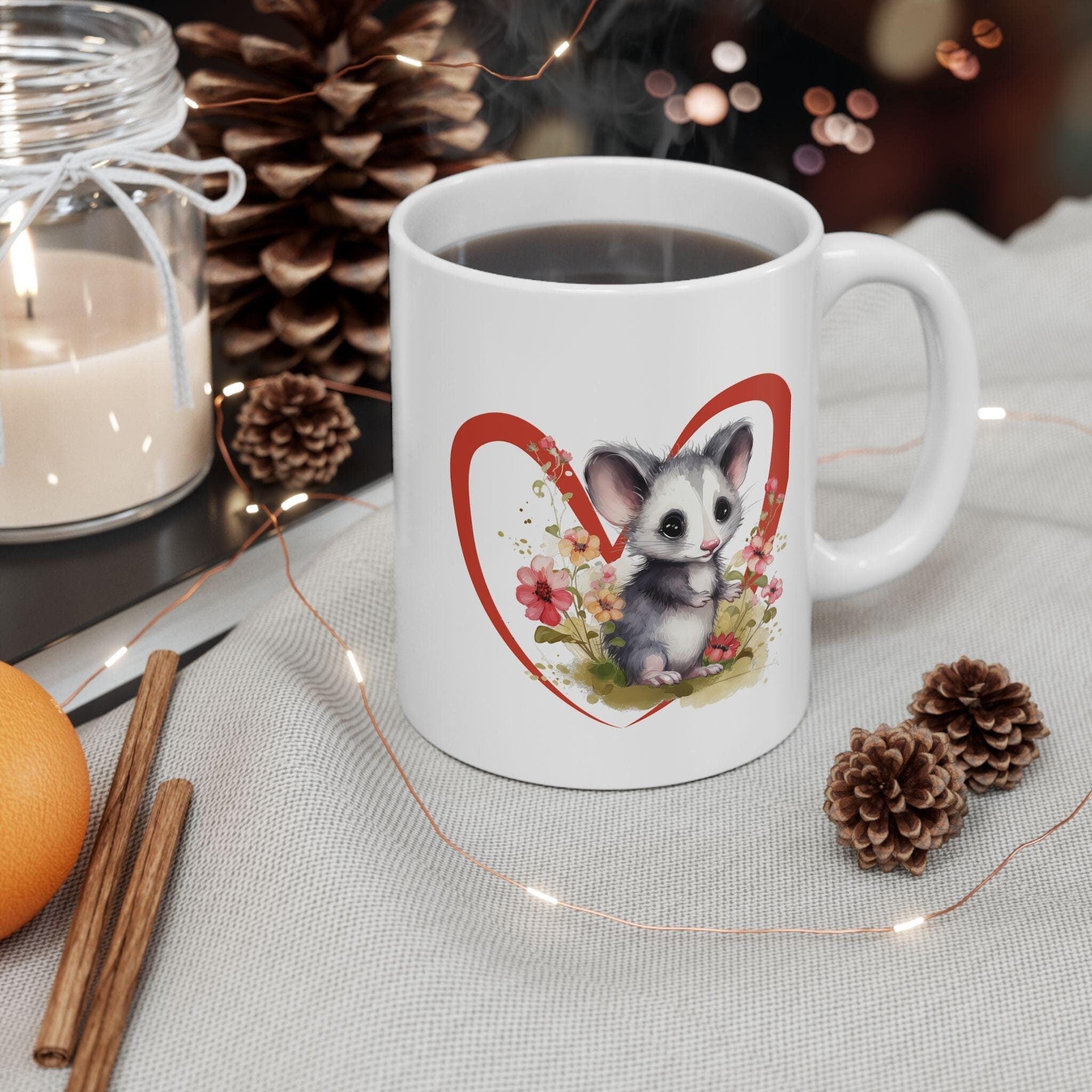 Opossum Ceramic Mug, Cute Floral Heart Opossum Lover Gift, 11oz 15oz Coffee Cup, Animal Wildlife Tea Mug, Gift for Nature Enthusiasts