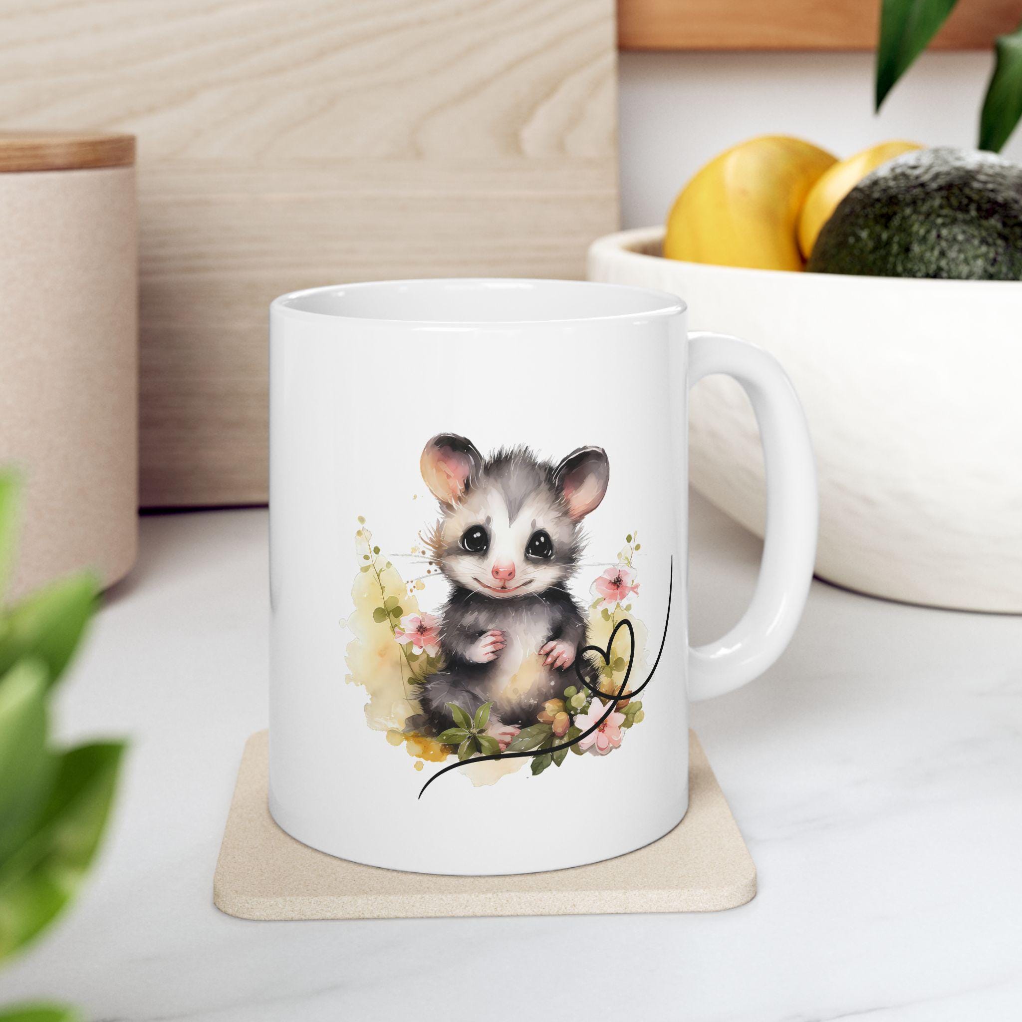 Opossum Ceramic Mug, Cute Floral Heart Opossum Lover Gift, 11oz 15oz Coffee Cup, Animal Wildlife Tea Mug, Gift for Nature Enthusiasts