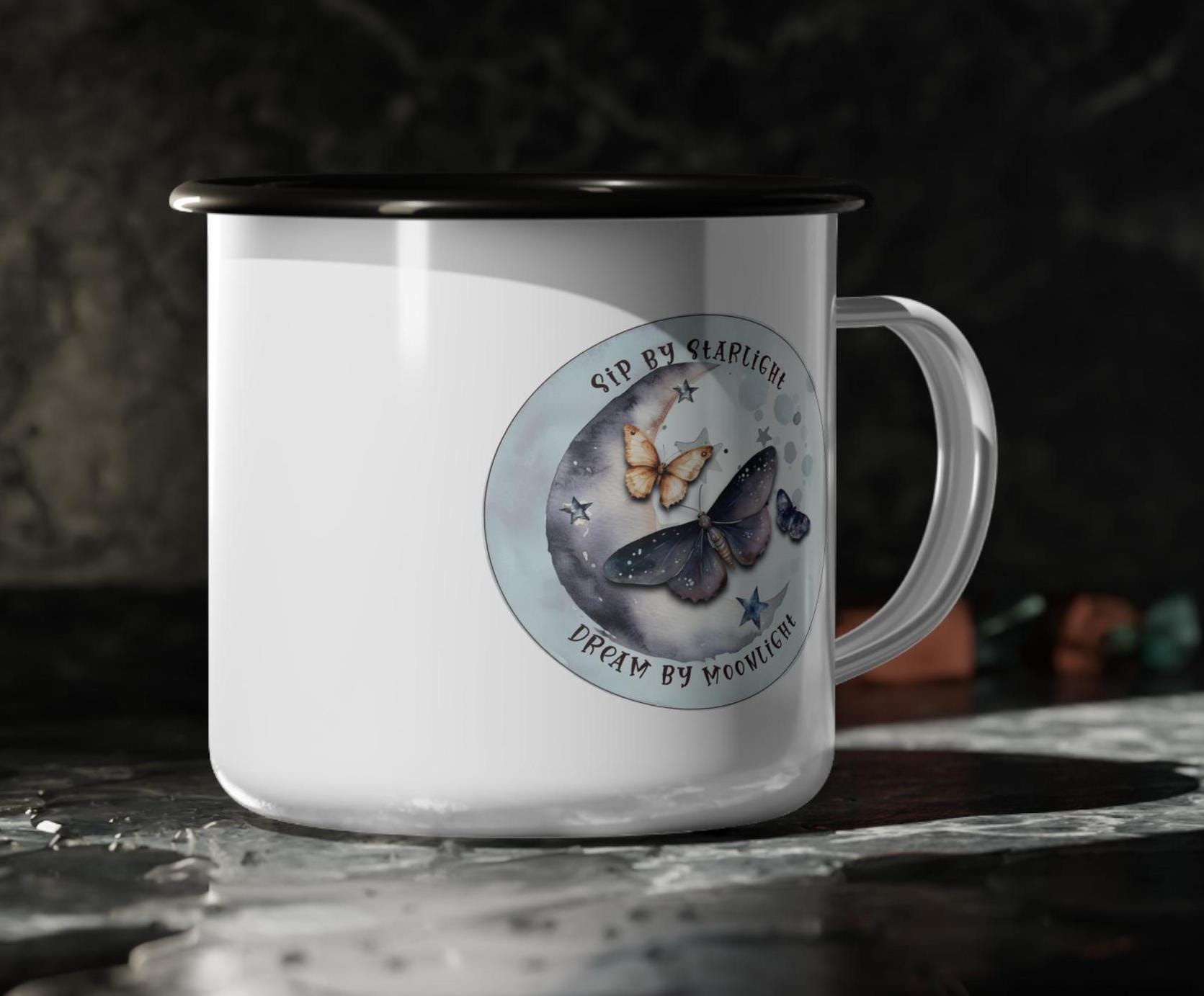 Moonlit Moth Enamel Camp Cup: 12oz Outdoor Mug
