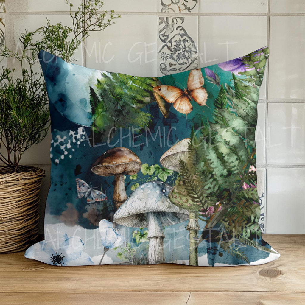 Enchanted Forest Pillow: Faux Suede Fern, Mushroom & Butterfly Design