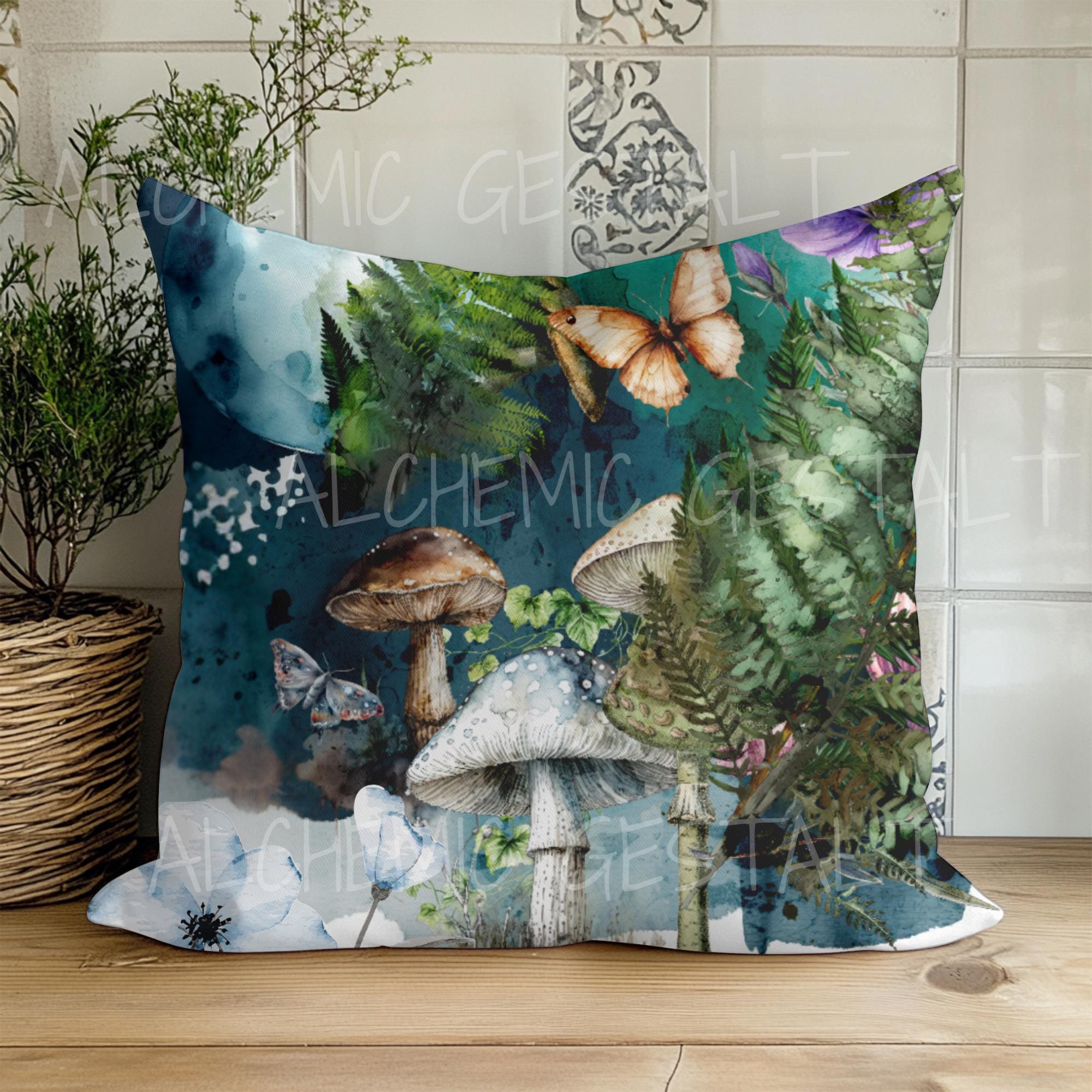Enchanted Forest Pillow: Faux Suede Fern, Mushroom & Butterfly Design