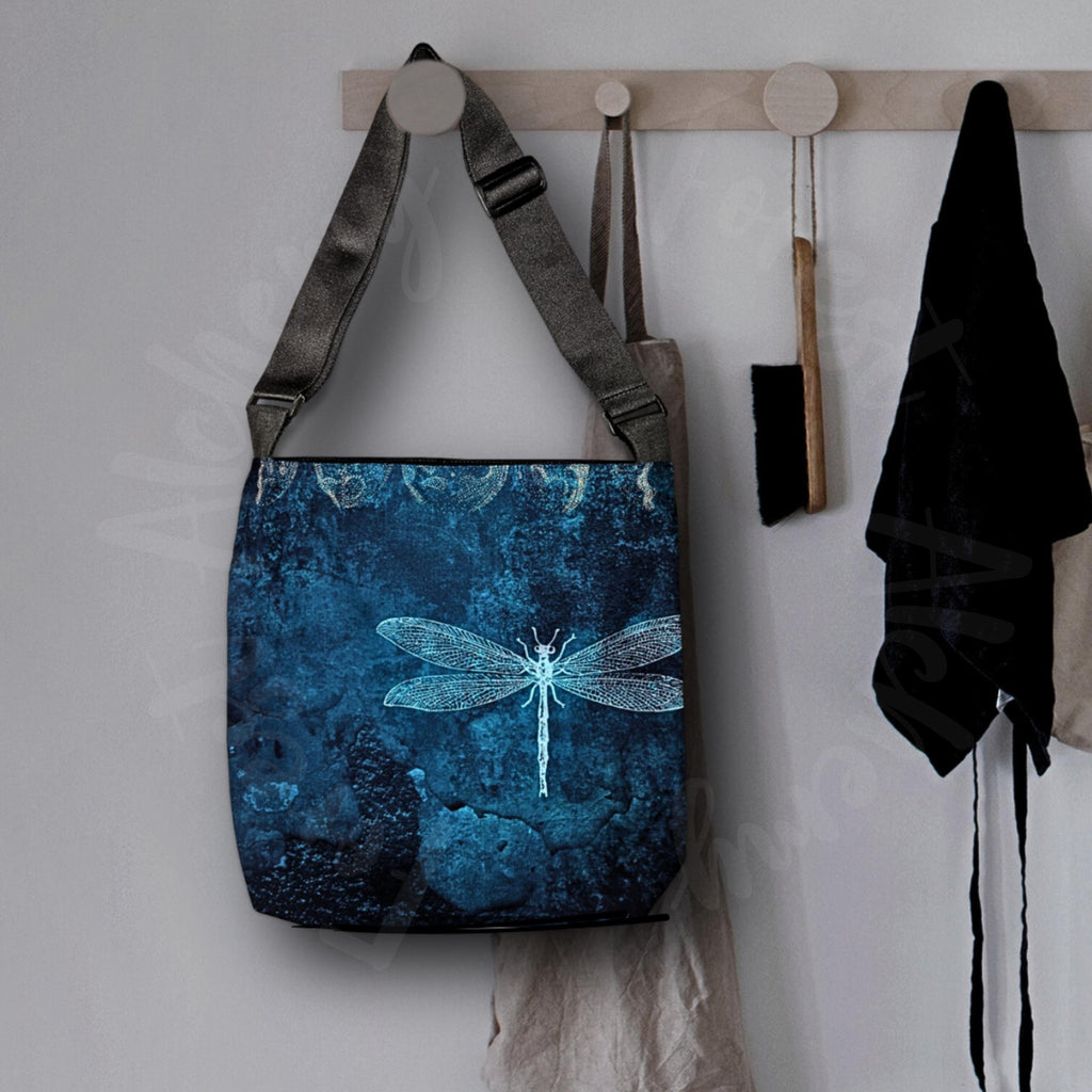Mystic Dragonfly Shoulder Bag: Adjustable Tote for Stylish Nature Enthusiasts | Moon Phase Faerie Market Tote | Forest Aesthetic