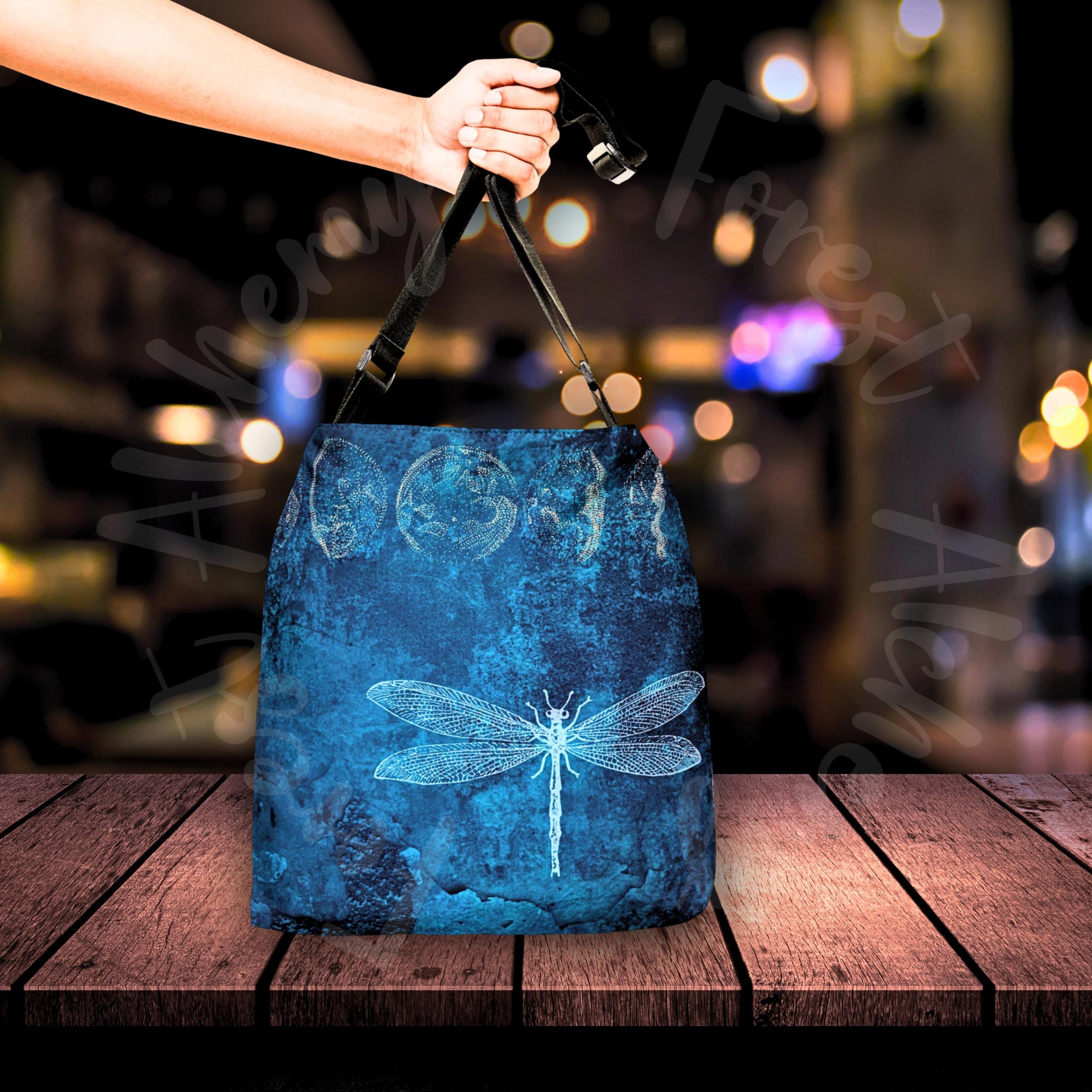 Mystic Dragonfly Shoulder Bag: Adjustable Tote for Stylish Nature Enthusiasts | Moon Phase Faerie Market Tote | Forest Aesthetic