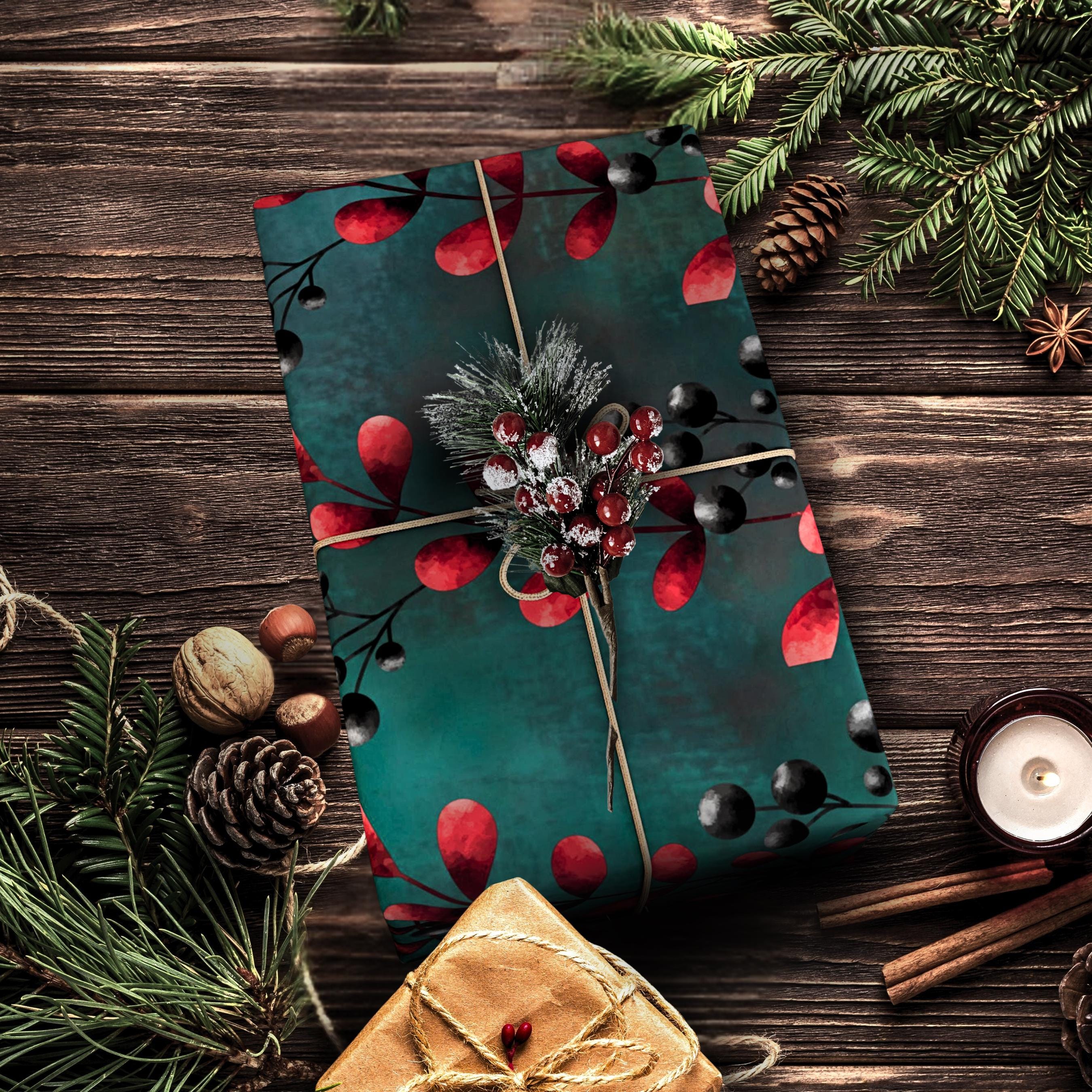 Winter Berry Holiday Wrapping Paper | Red Berries on Teal | Christmas Gift Wrap Sheets