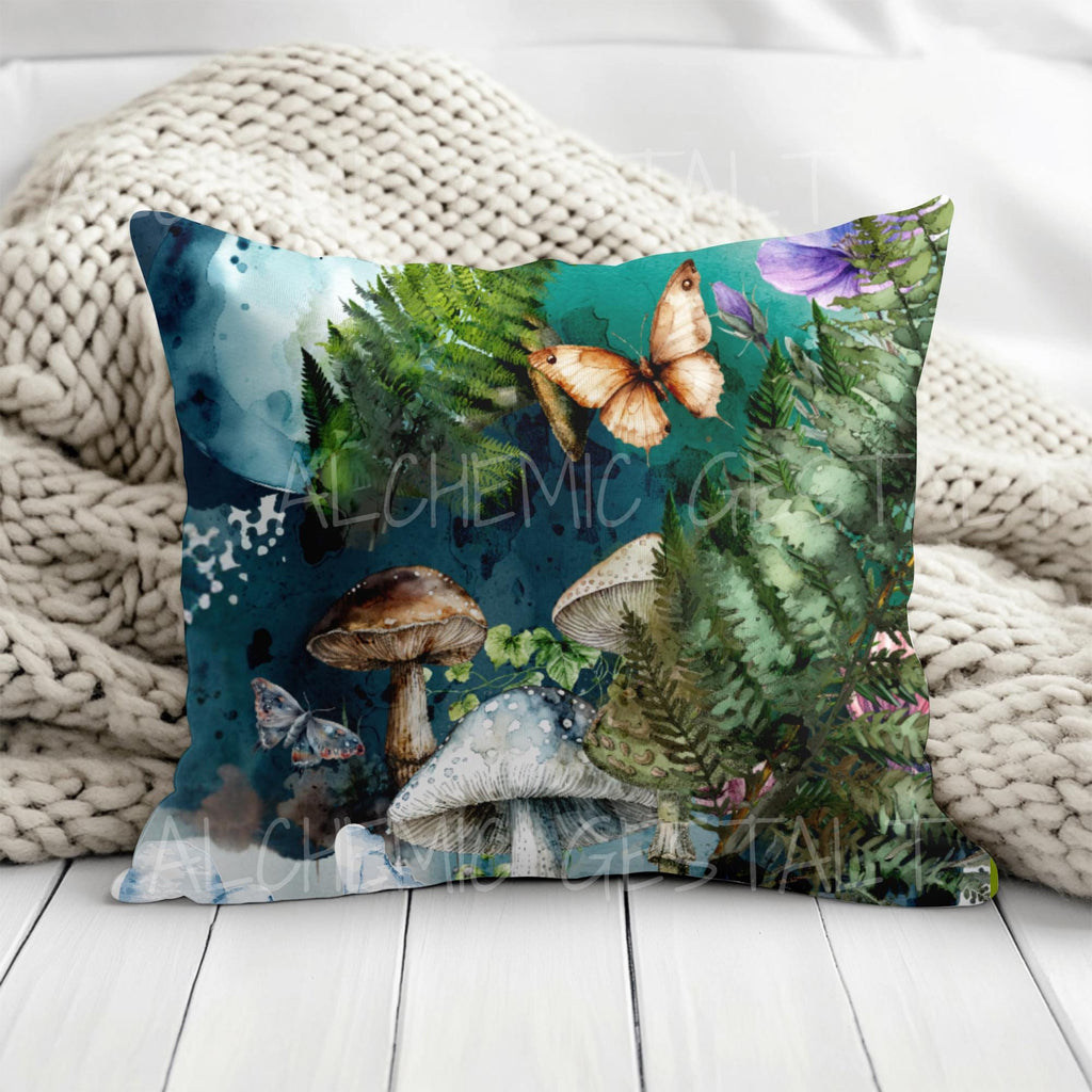 Enchanted Forest Pillow: Faux Suede Fern, Mushroom & Butterfly Design