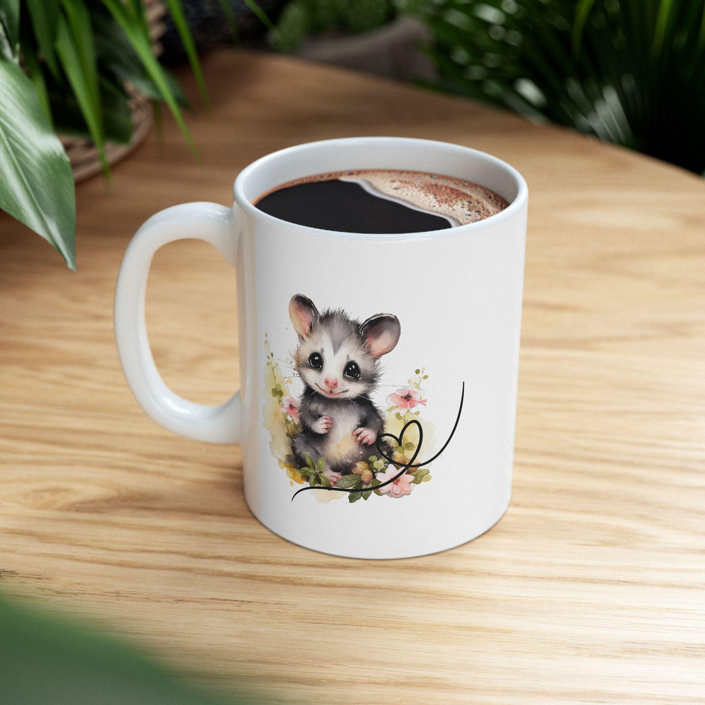Opossum Ceramic Mug, Cute Floral Heart Opossum Lover Gift, 11oz 15oz Coffee Cup, Animal Wildlife Tea Mug, Gift for Nature Enthusiasts