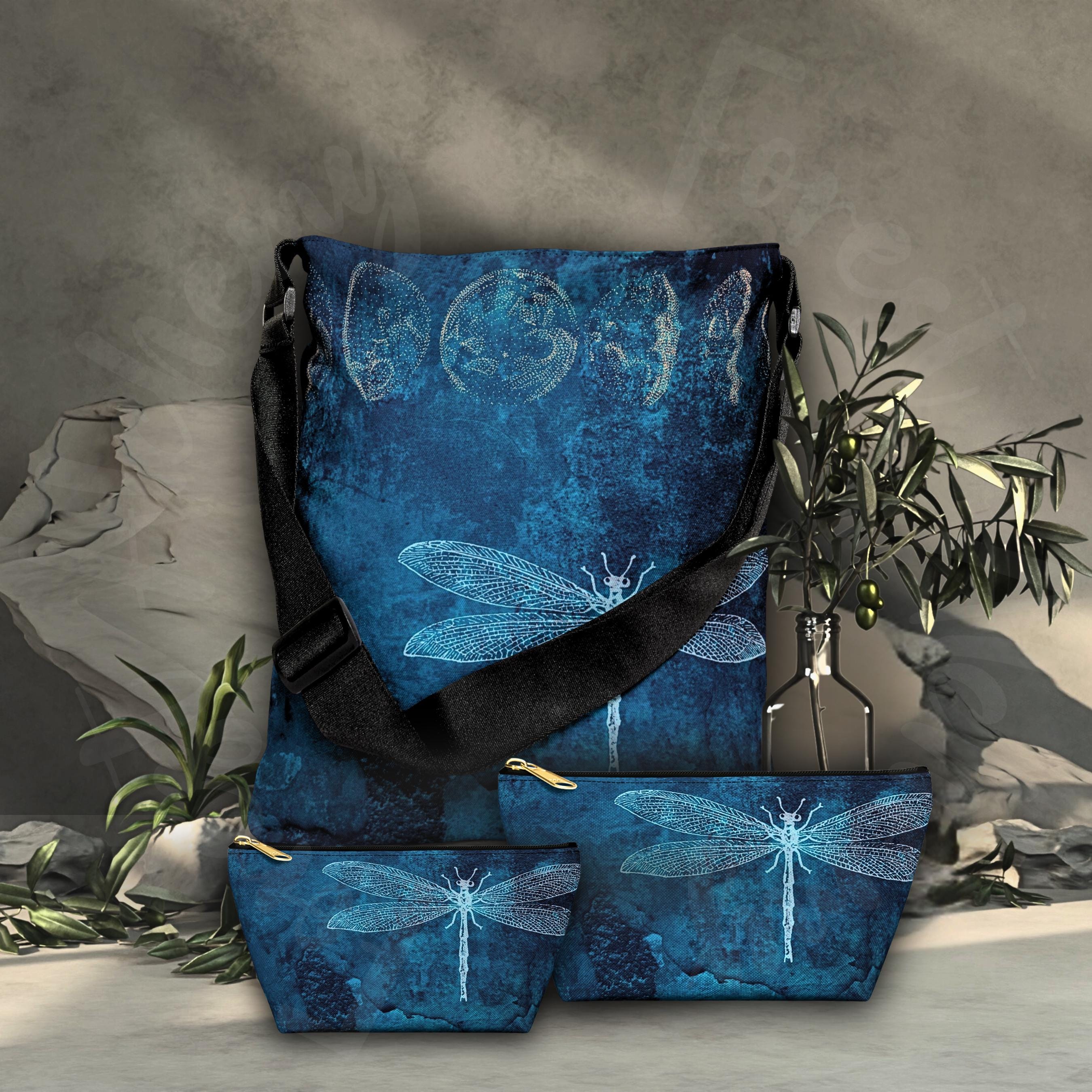 Mystic Dragonfly Shoulder Bag: Adjustable Tote for Stylish Nature Enthusiasts | Moon Phase Faerie Market Tote | Forest Aesthetic