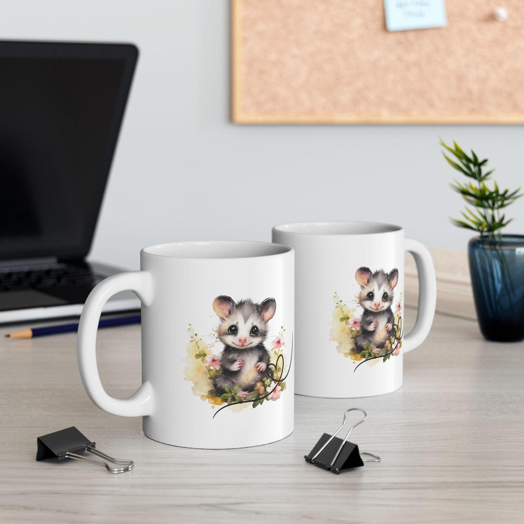 Opossum Ceramic Mug, Cute Floral Heart Opossum Lover Gift, 11oz 15oz Coffee Cup, Animal Wildlife Tea Mug, Gift for Nature Enthusiasts