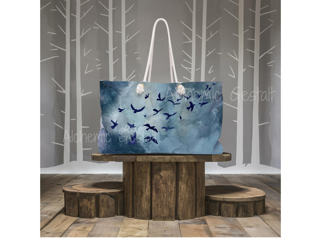 Blue Birds Weekender Bag: Watercolor Travel Tote, Stylish Luggage