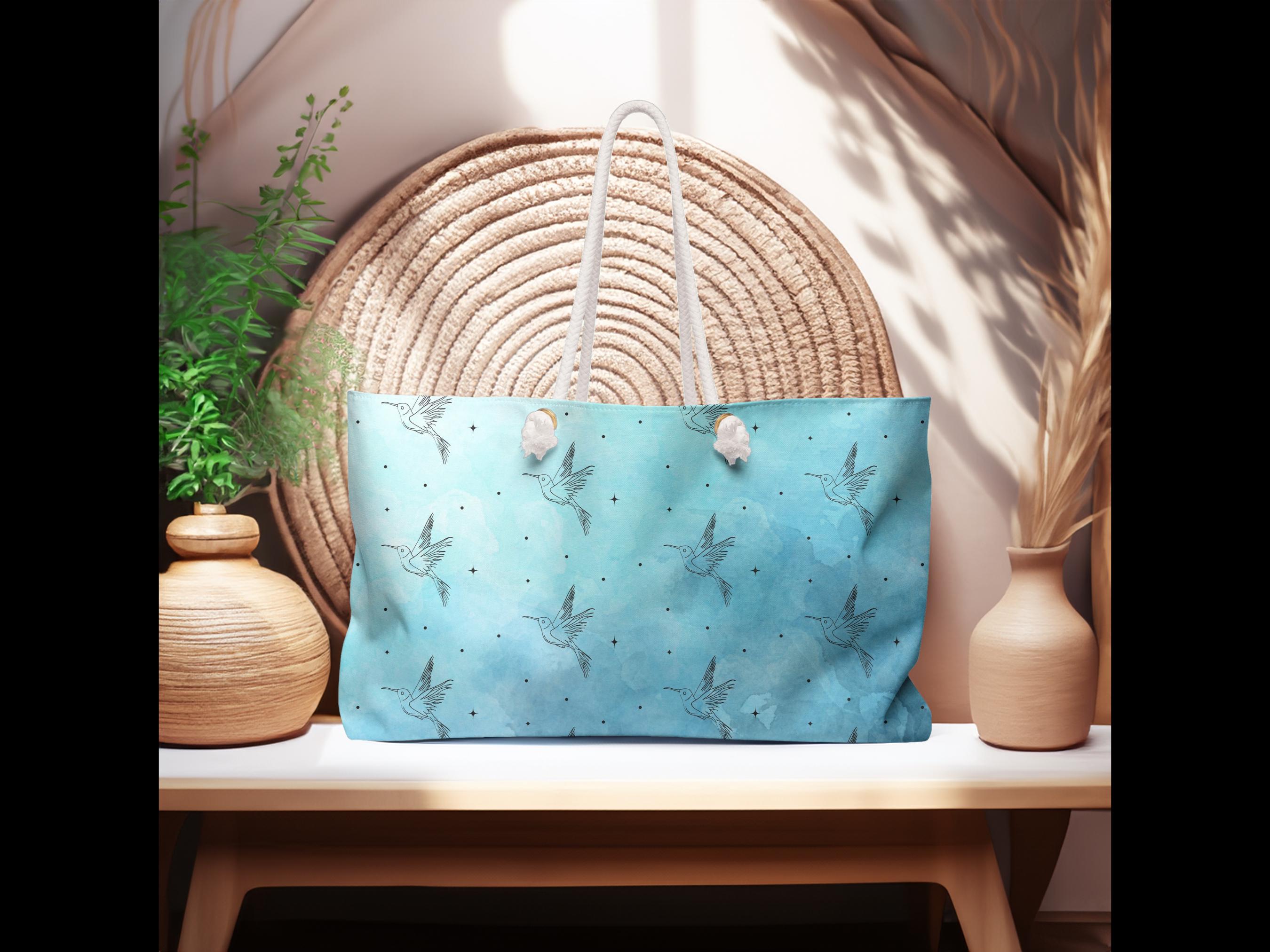 Hummingbird Weekender Bag: Blue Travel Tote, Beach Gym Overnight Bag