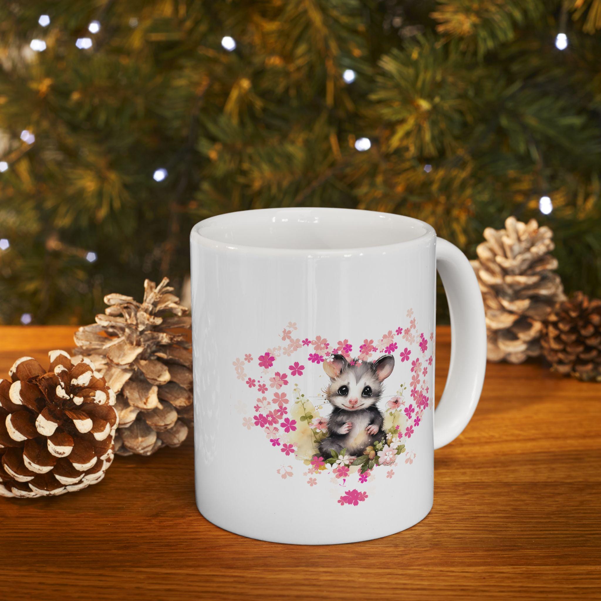 Opossum Ceramic Mug, Cute Floral Heart Opossum Lover Gift, 11oz 15oz Coffee Cup, Animal Wildlife Tea Mug, Gift for Nature Enthusiasts