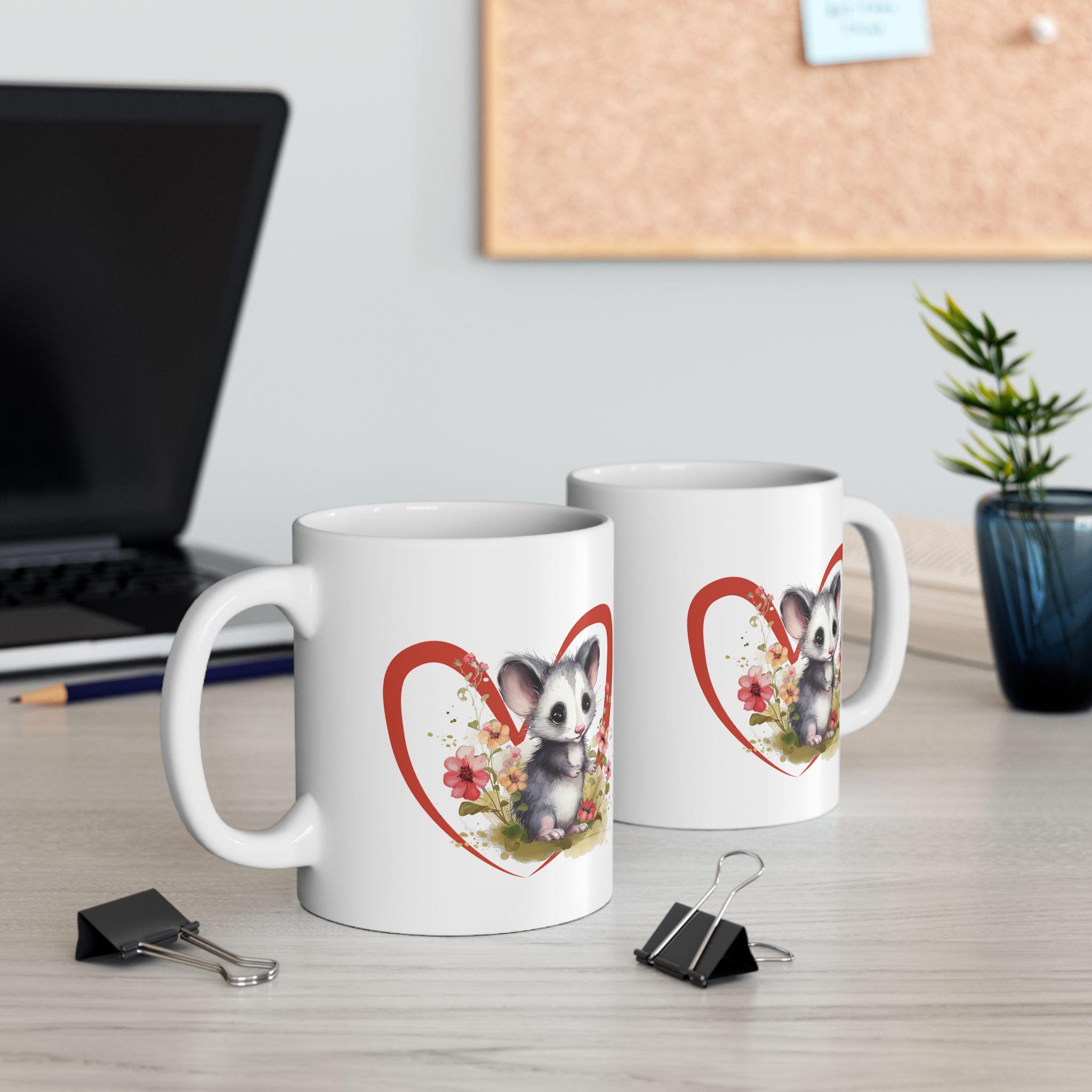Opossum Ceramic Mug, Cute Floral Heart Opossum Lover Gift, 11oz 15oz Coffee Cup, Animal Wildlife Tea Mug, Gift for Nature Enthusiasts