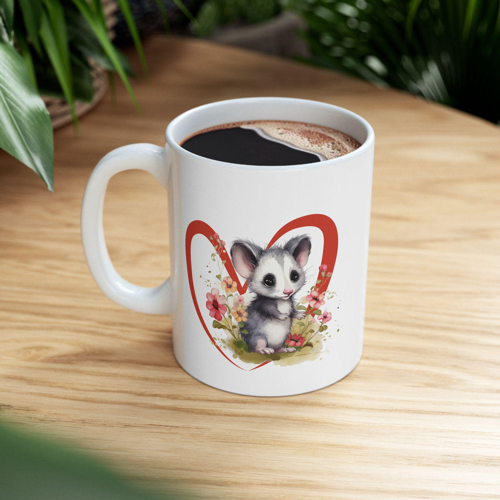 Opossum Ceramic Mug, Cute Floral Heart Opossum Lover Gift, 11oz 15oz Coffee Cup, Animal Wildlife Tea Mug, Gift for Nature Enthusiasts