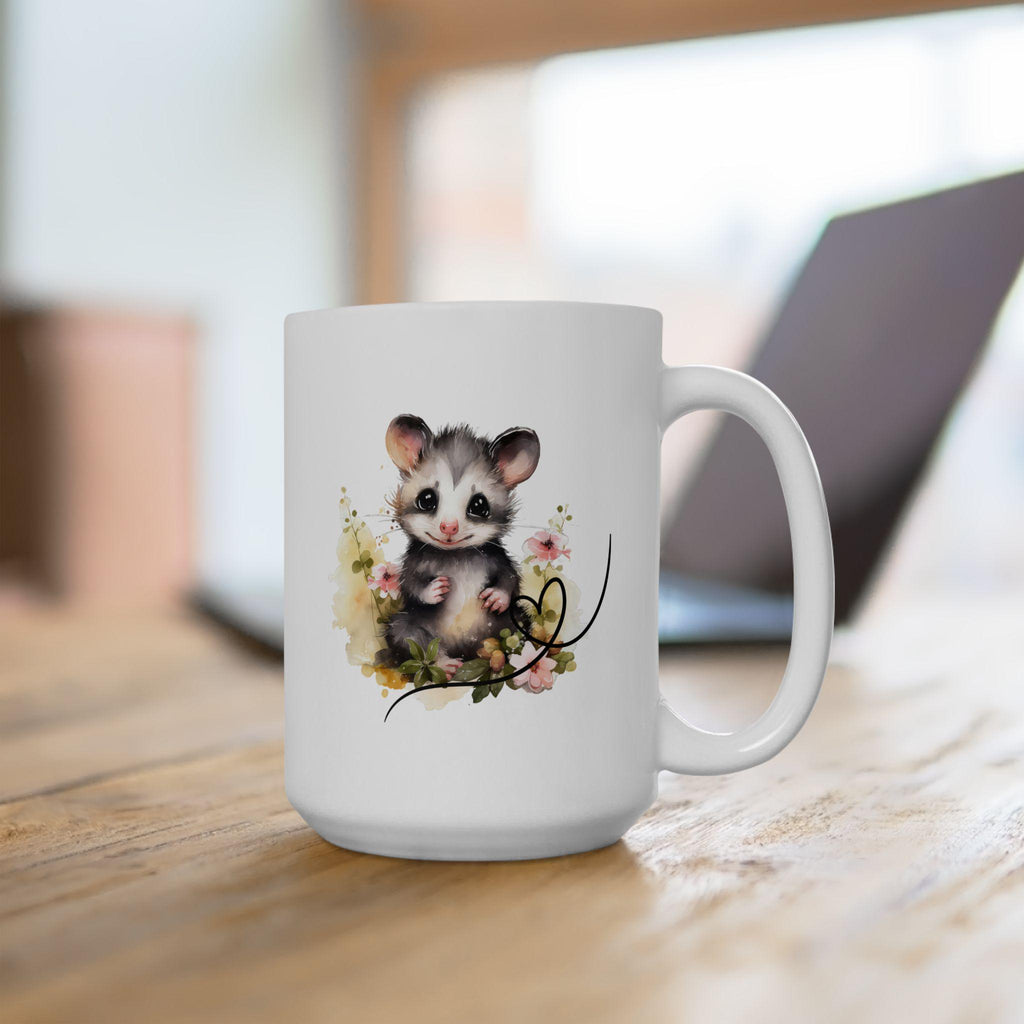 Opossum Ceramic Mug, Cute Floral Heart Opossum Lover Gift, 11oz 15oz Coffee Cup, Animal Wildlife Tea Mug, Gift for Nature Enthusiasts
