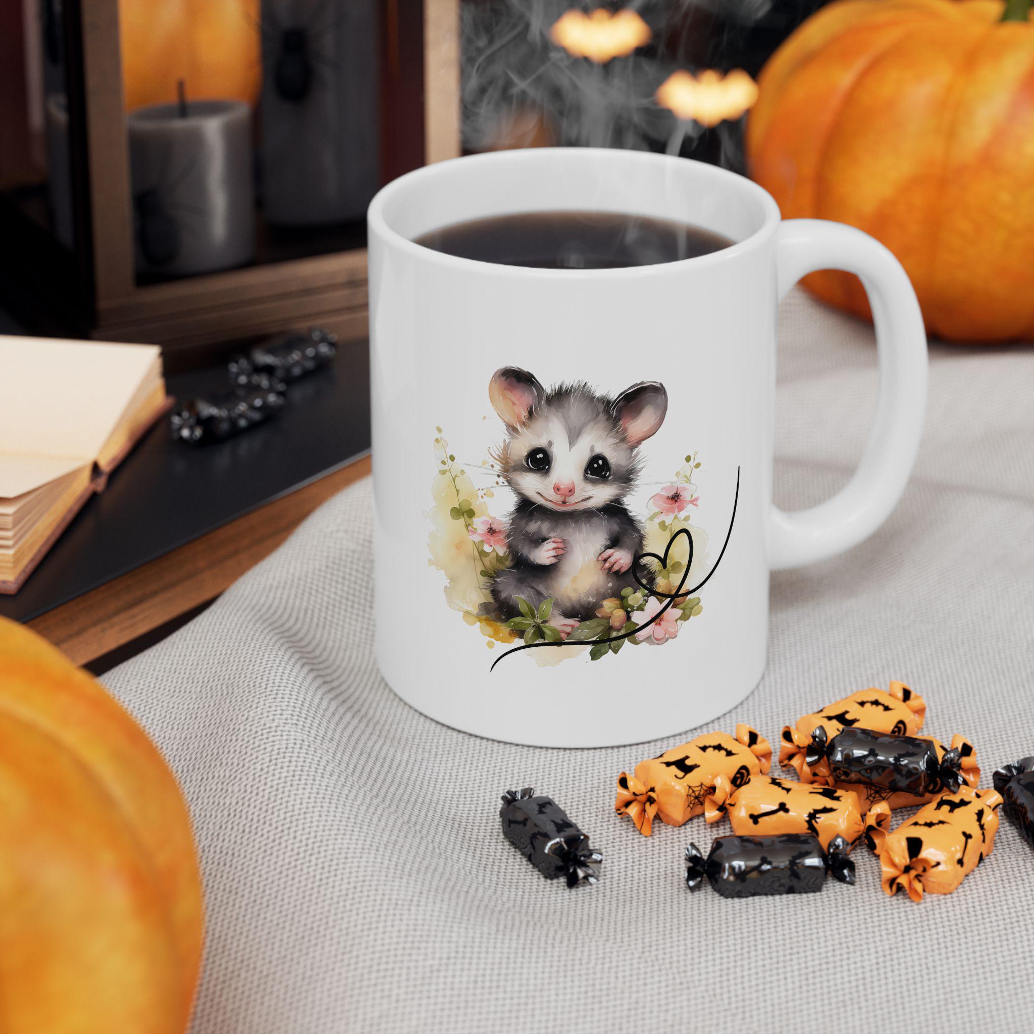 Opossum Ceramic Mug, Cute Floral Heart Opossum Lover Gift, 11oz 15oz Coffee Cup, Animal Wildlife Tea Mug, Gift for Nature Enthusiasts