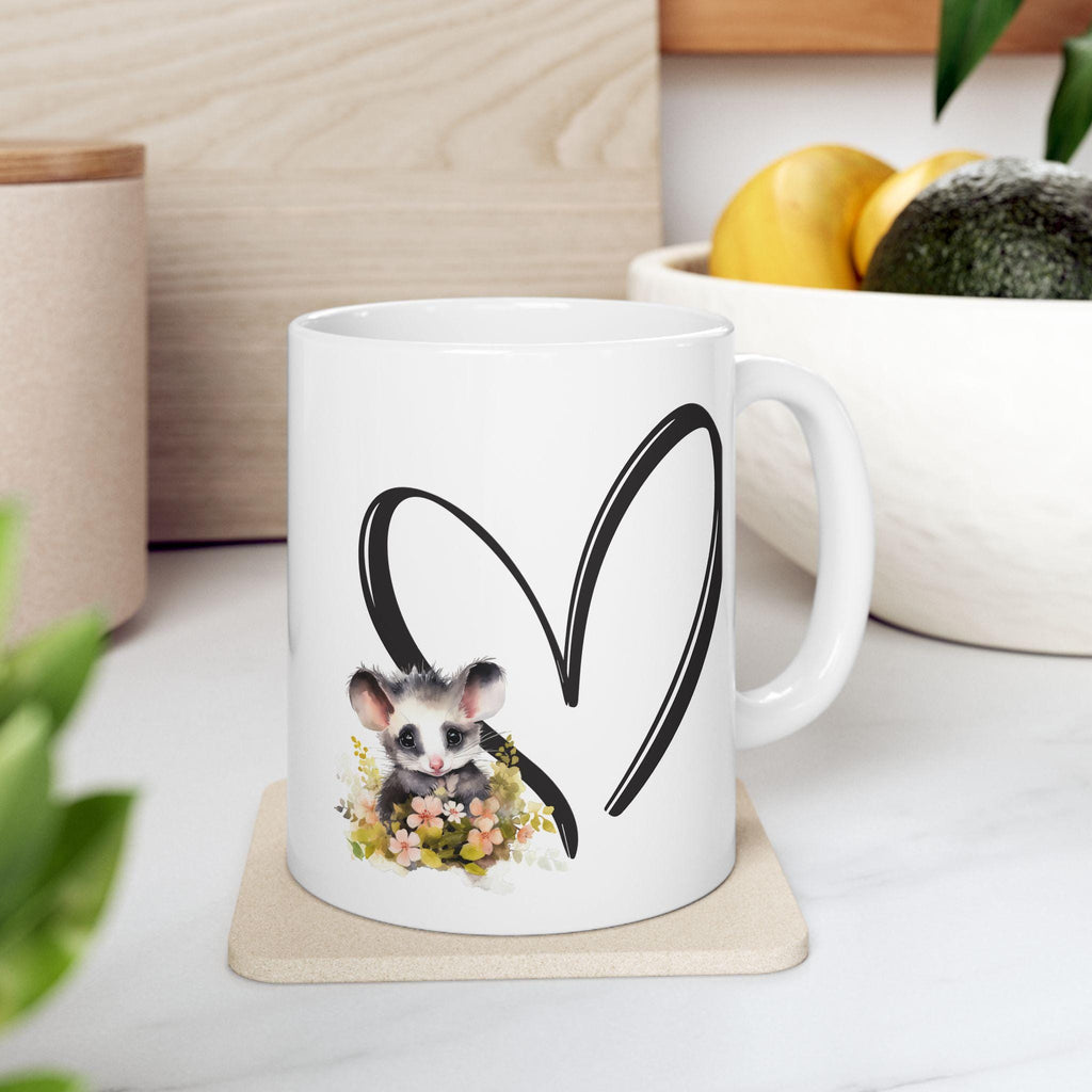 Opossum Floral Heart Ceramic Mug - Wildlife Lover Gift