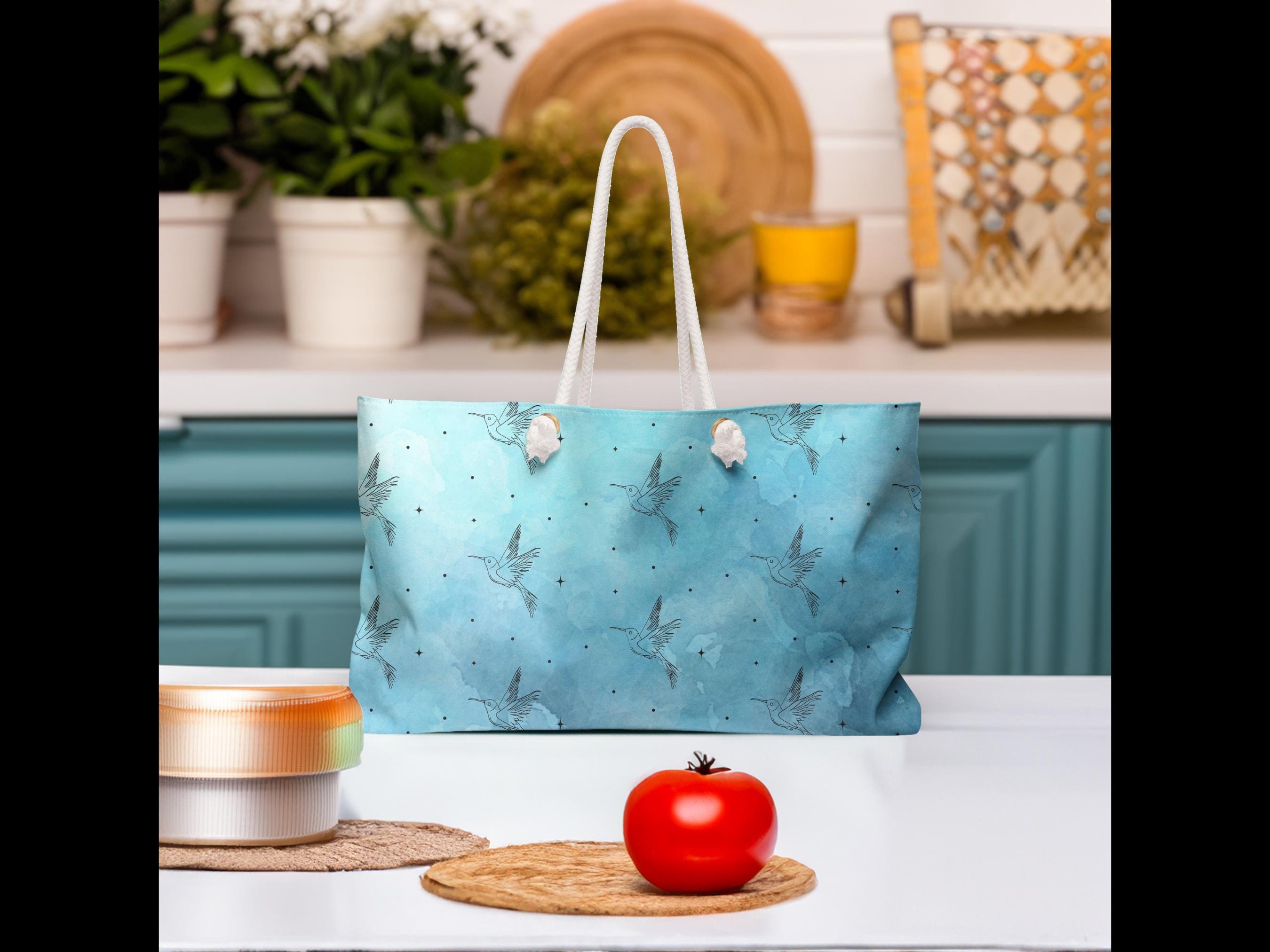 Hummingbird Weekender Bag: Blue Travel Tote, Beach Gym Overnight Bag