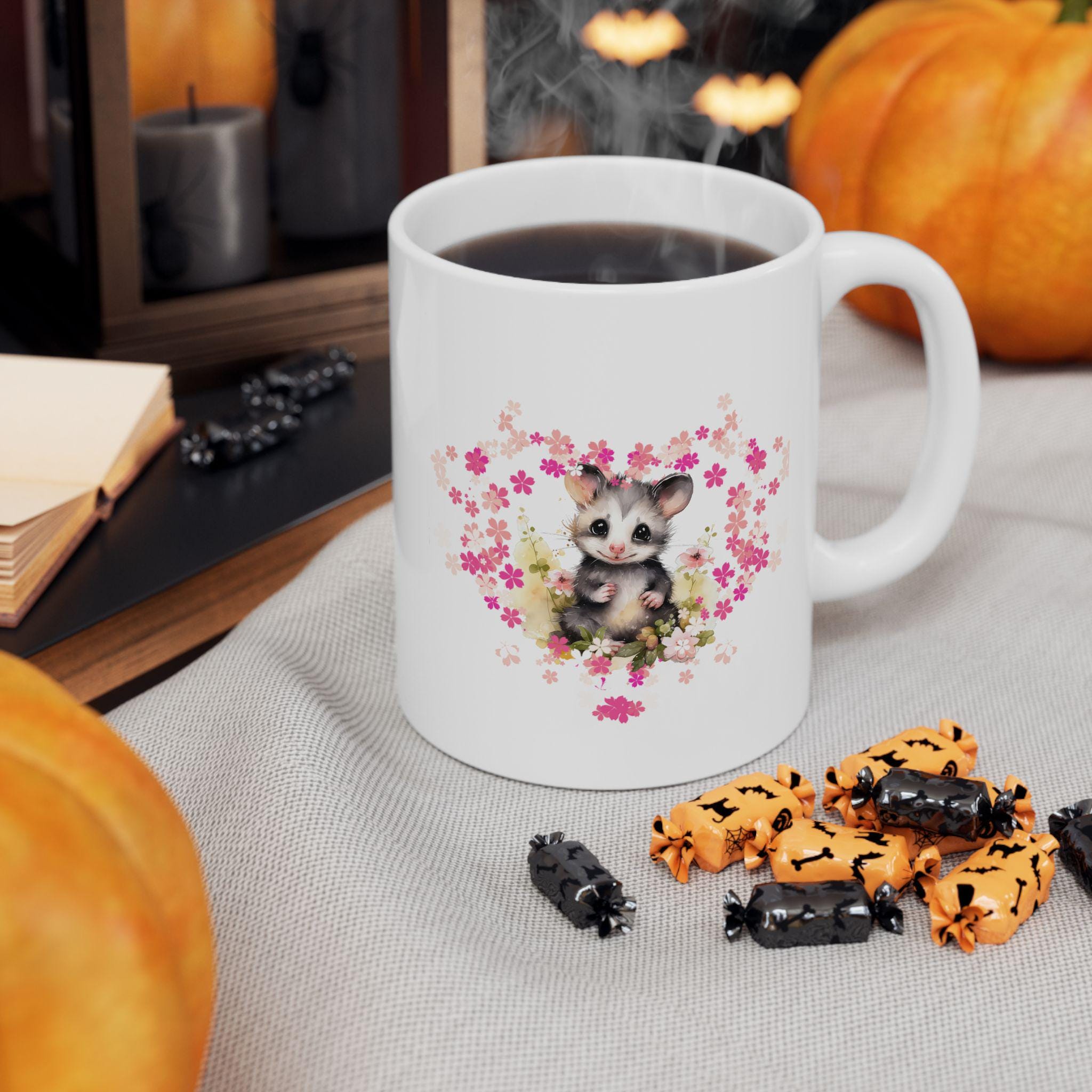 Opossum Ceramic Mug, Cute Floral Heart Opossum Lover Gift, 11oz 15oz Coffee Cup, Animal Wildlife Tea Mug, Gift for Nature Enthusiasts