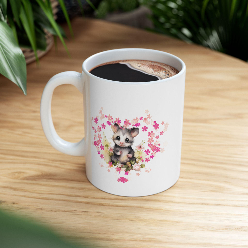 Opossum Ceramic Mug, Cute Floral Heart Opossum Lover Gift, 11oz 15oz Coffee Cup, Animal Wildlife Tea Mug, Gift for Nature Enthusiasts