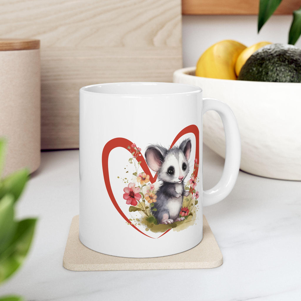 Opossum Ceramic Mug, Cute Floral Heart Opossum Lover Gift, 11oz 15oz Coffee Cup, Animal Wildlife Tea Mug, Gift for Nature Enthusiasts