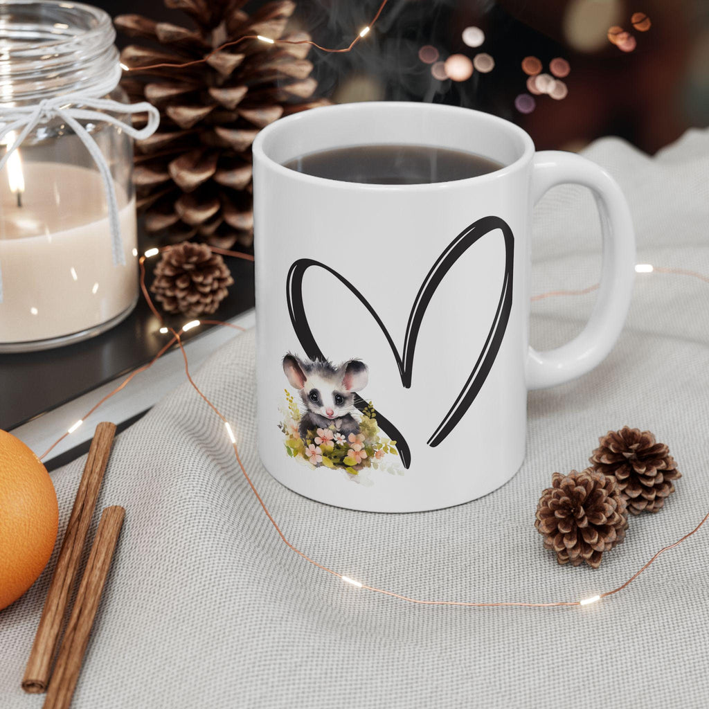 Opossum Floral Heart Ceramic Mug - Wildlife Lover Gift