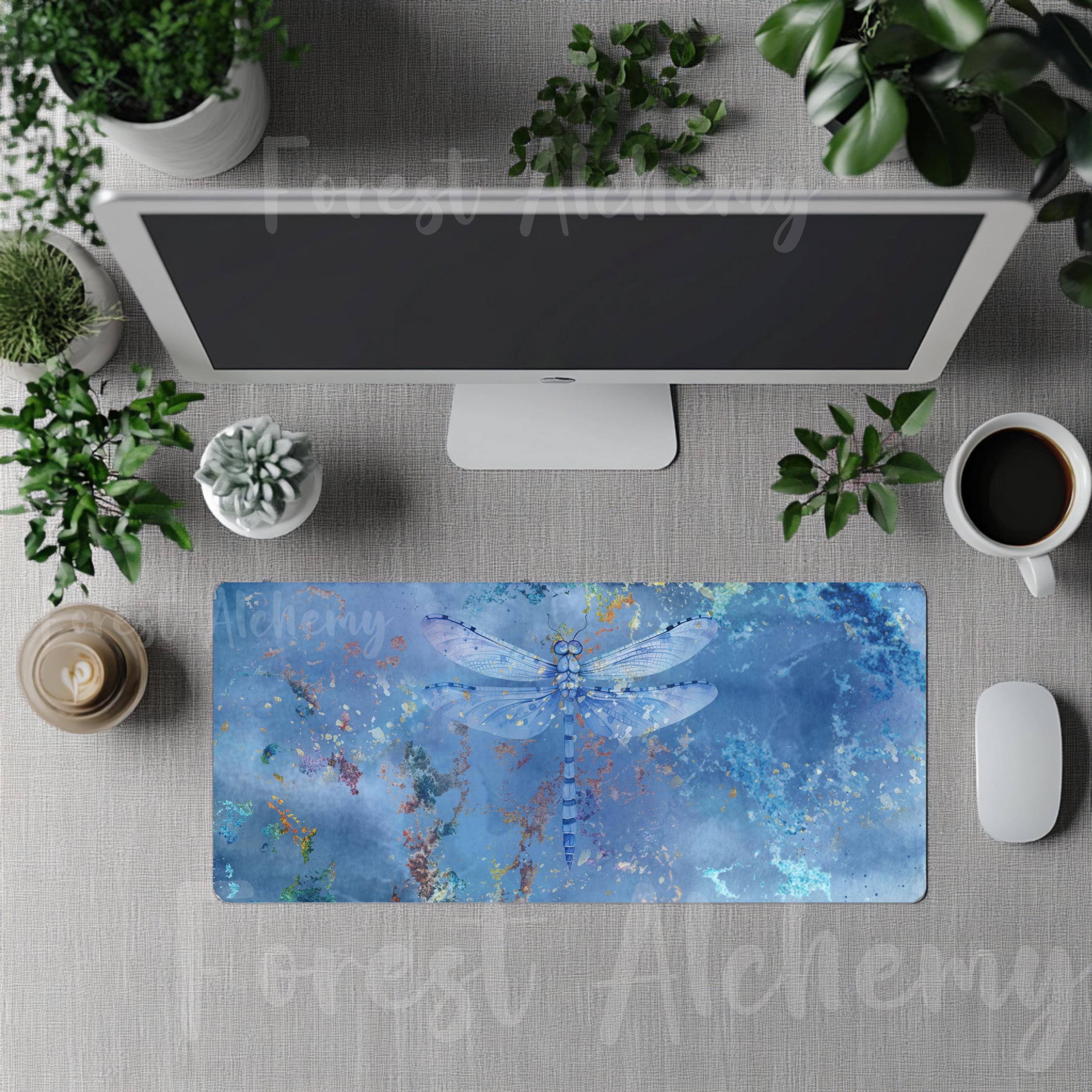 Blue Dragonfly Desk Mat: Serene Artistic Office Decor