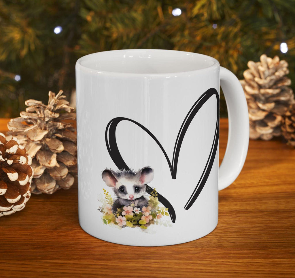 Opossum Floral Heart Ceramic Mug - Wildlife Lover Gift