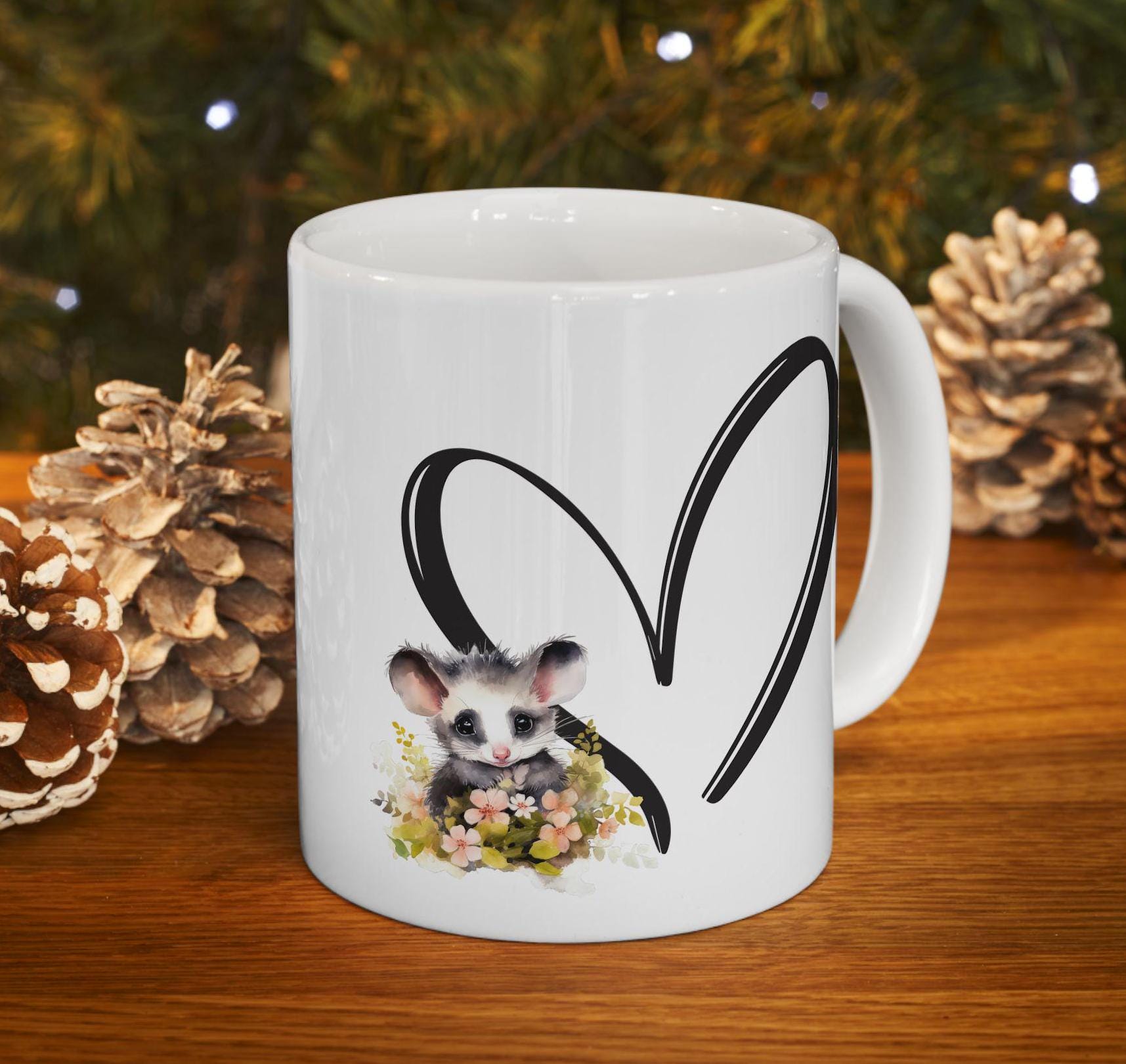 Opossum Floral Heart Ceramic Mug - Wildlife Lover Gift