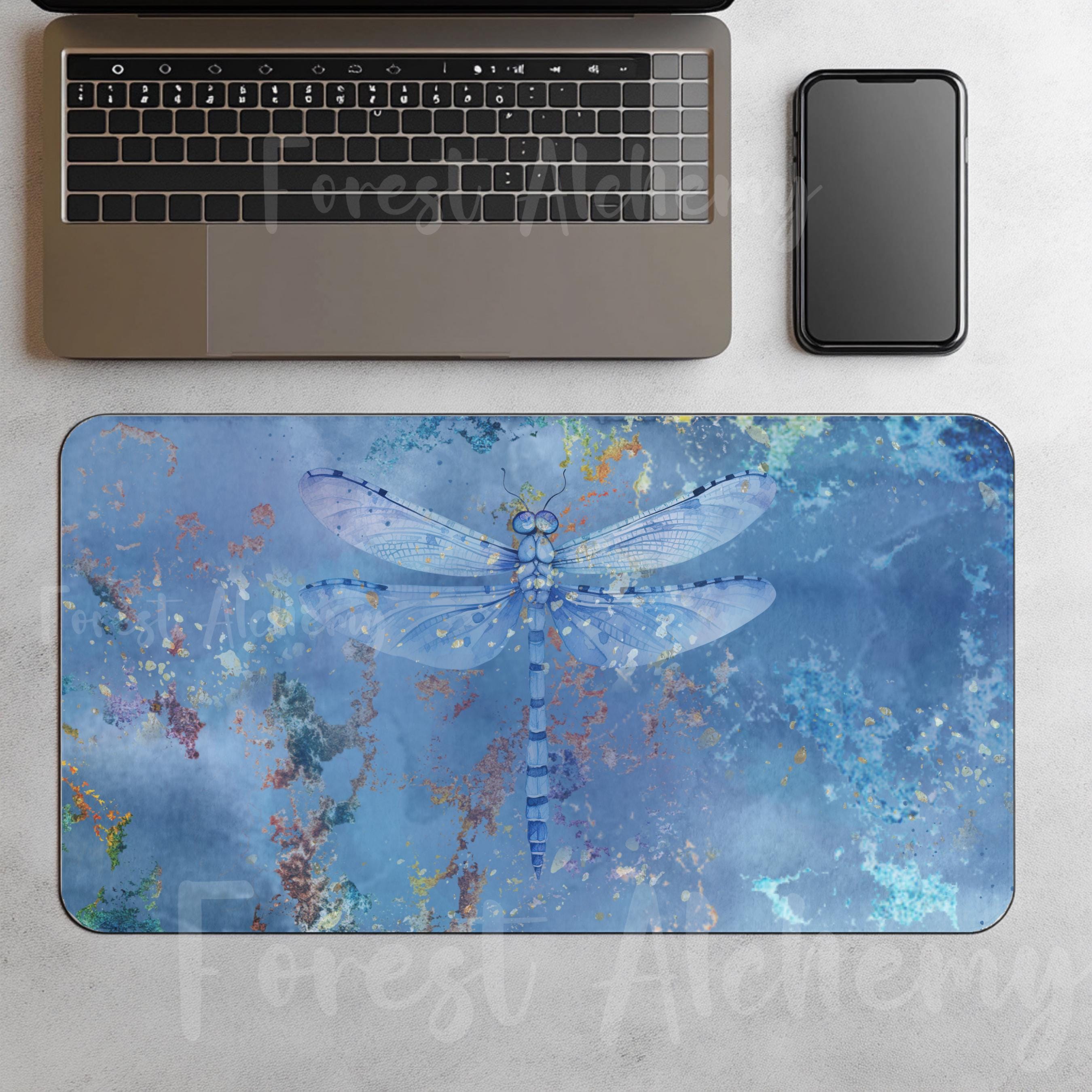 Blue Dragonfly Desk Mat: Serene Artistic Office Decor