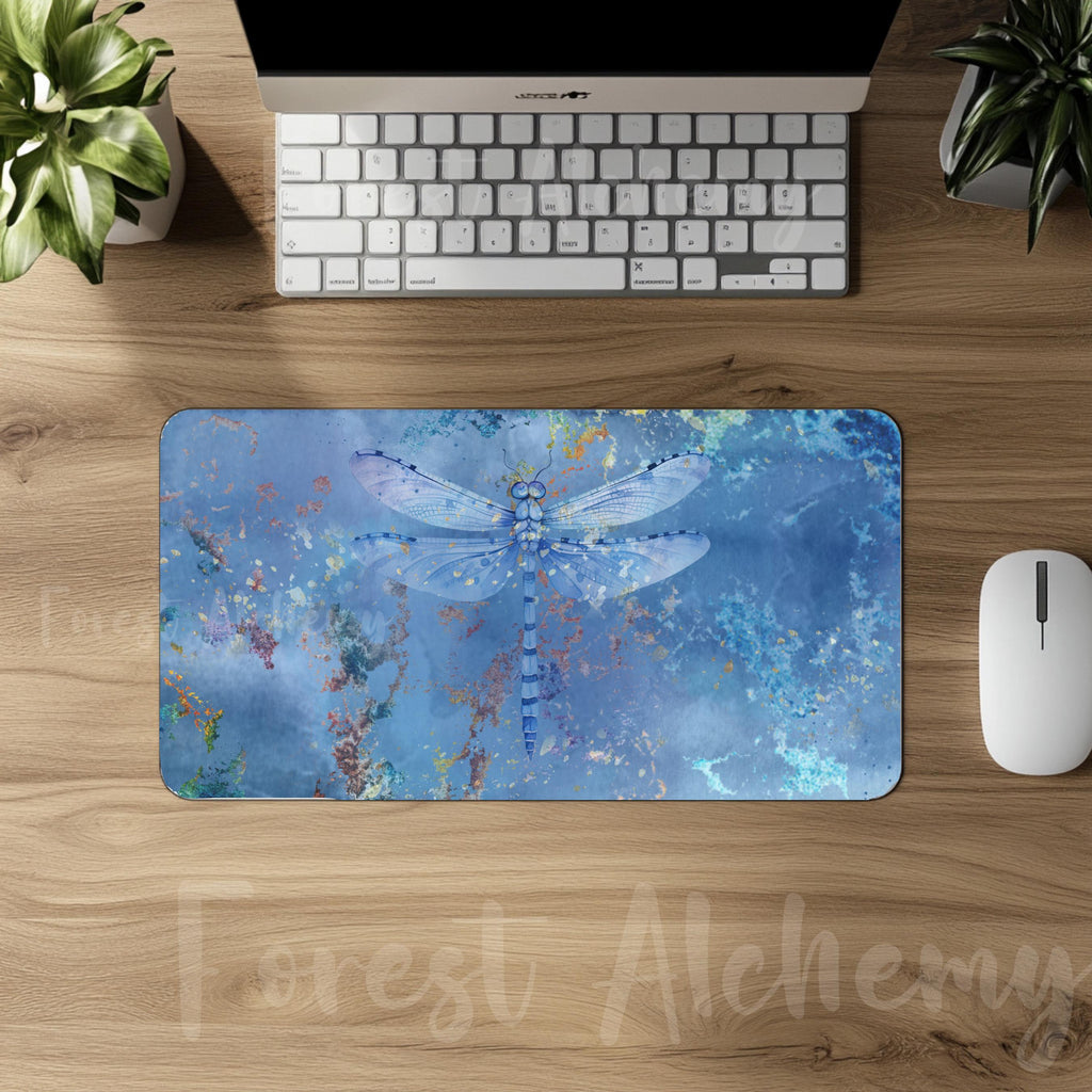 Blue Dragonfly Desk Mat: Serene Artistic Office Decor