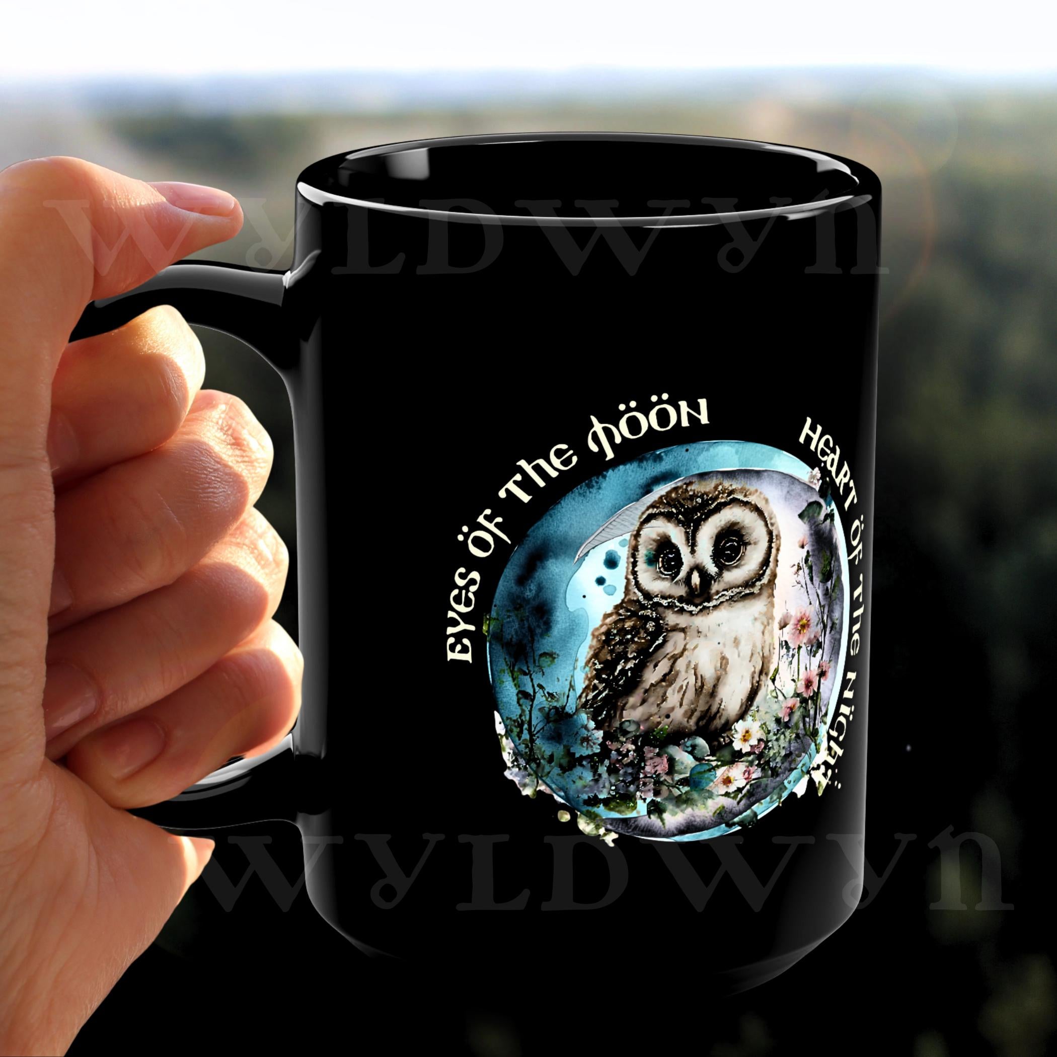 Mystic Owl Moon Mug: Black Ceramic Gothic Cottagecore Cup