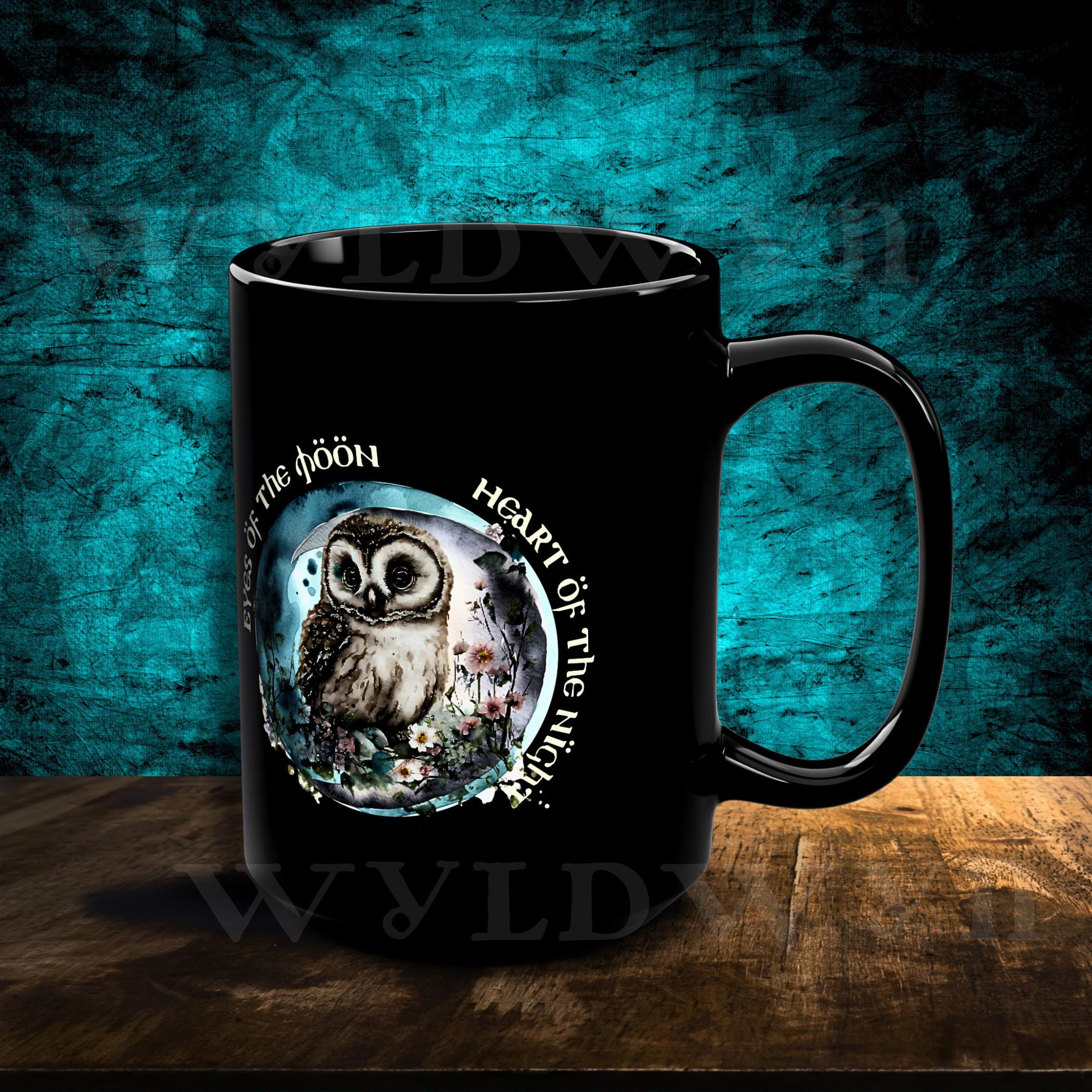 Mystic Owl Moon Mug: Black Ceramic Gothic Cottagecore Cup