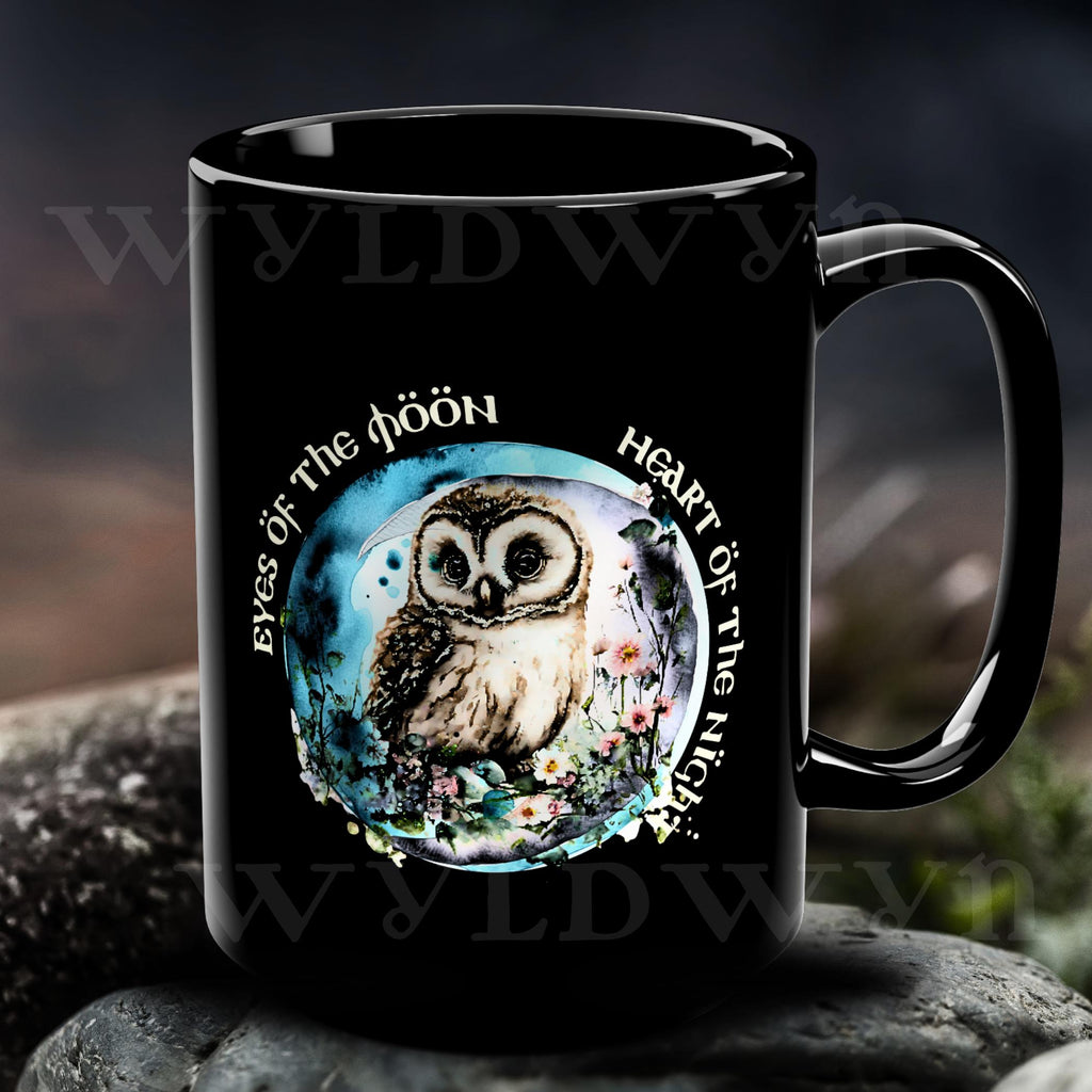 Mystic Owl Moon Mug: Black Ceramic Gothic Cottagecore Cup
