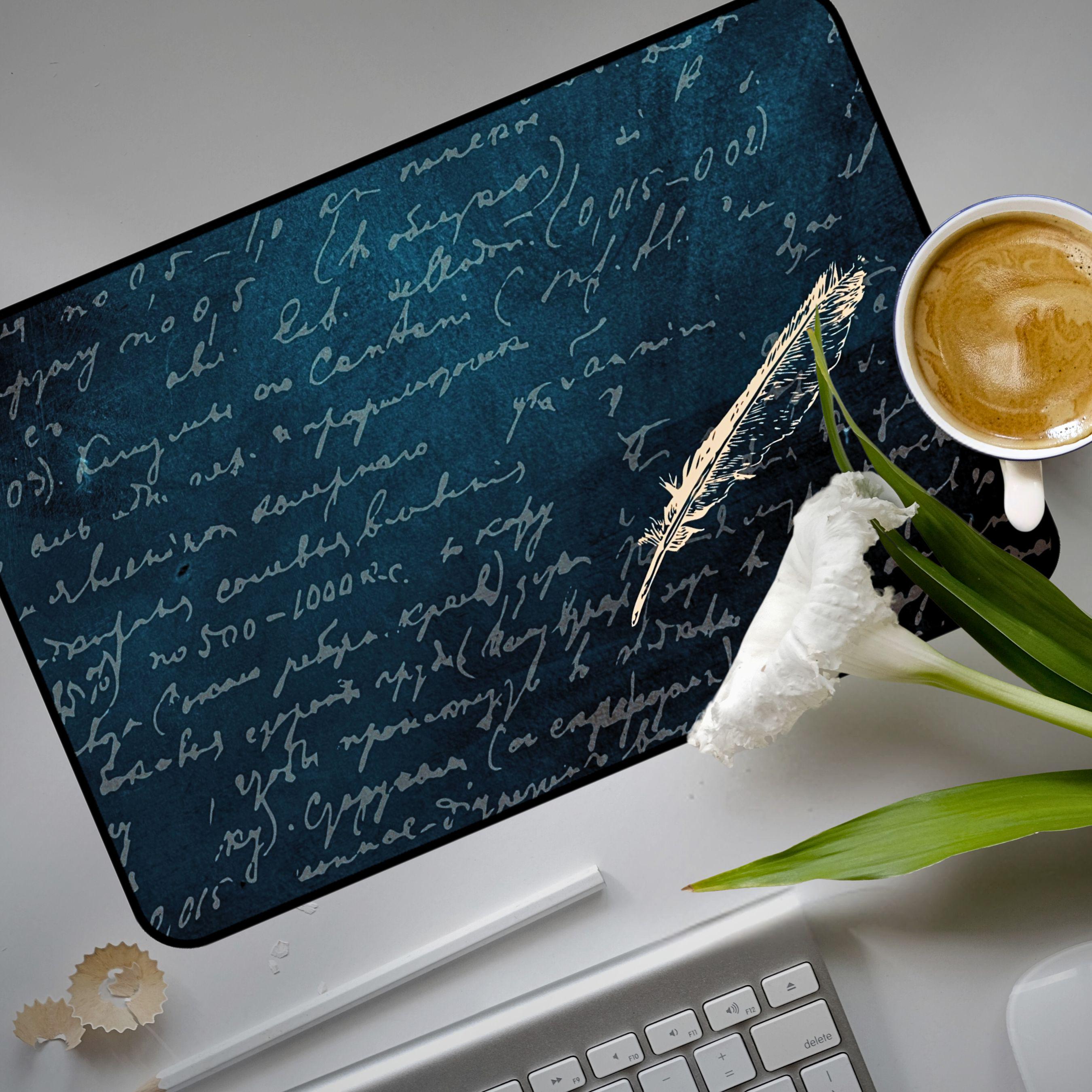 Vintage Manuscript Desk Mat | Dark Teal Neoprene Desk Pad | Feather Quill Mouse Pad | Large Gaming Mat | Writer's Desk Accessory