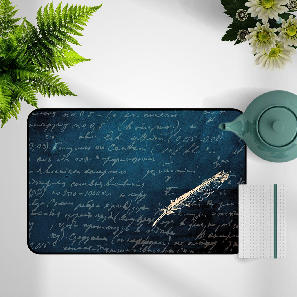Vintage Manuscript Desk Mat | Dark Teal Neoprene Desk Pad | Feather Quill Mouse Pad | Large Gaming Mat | Writer's Desk Accessory