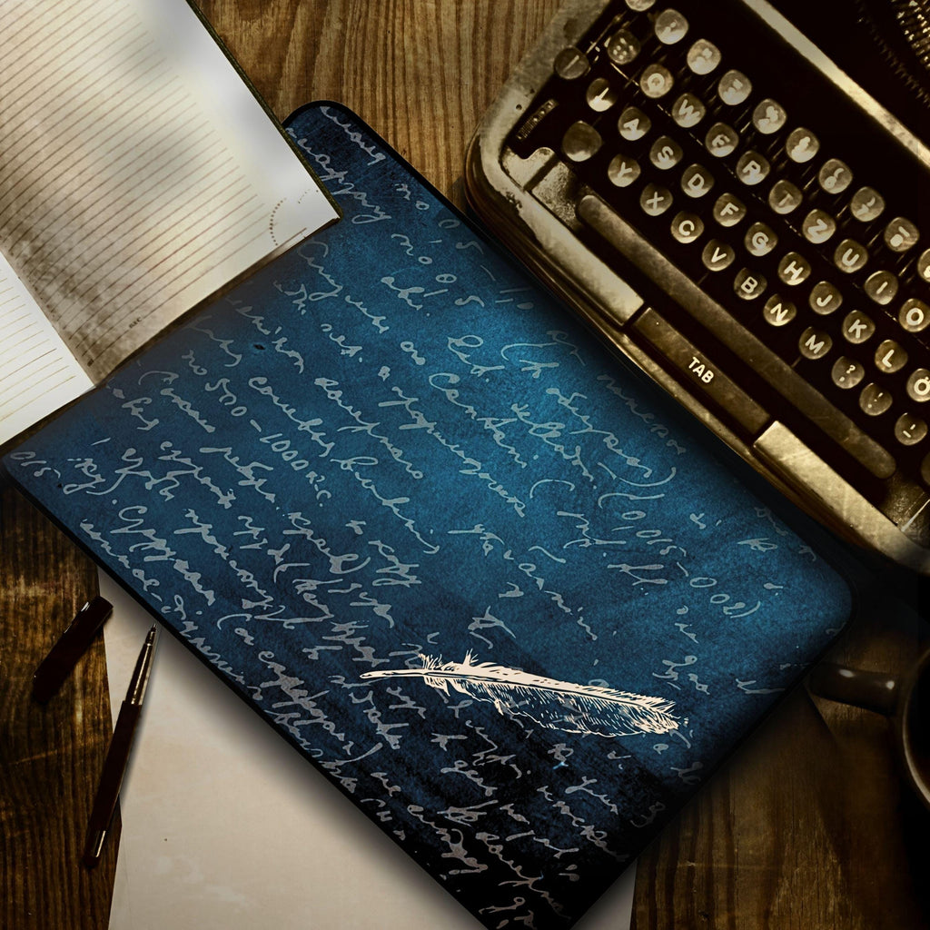 Vintage Manuscript Desk Mat | Dark Teal Neoprene Desk Pad | Feather Quill Mouse Pad | Large Gaming Mat | Writer's Desk Accessory