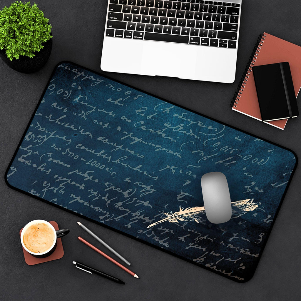 Vintage Manuscript Desk Mat | Dark Teal Neoprene Desk Pad | Feather Quill Mouse Pad | Large Gaming Mat | Writer's Desk Accessory