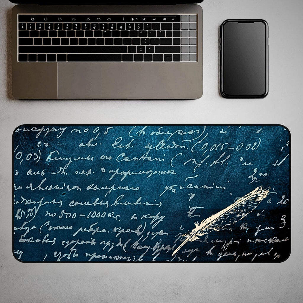 Vintage Manuscript Desk Mat | Dark Teal Neoprene Desk Pad | Feather Quill Mouse Pad | Large Gaming Mat | Writer's Desk Accessory