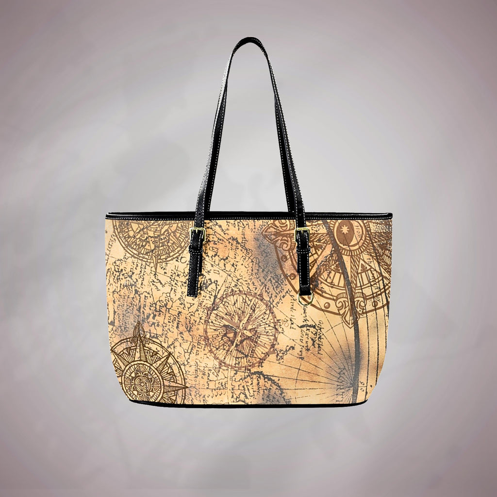 Vintage Compass Tote Bag | PU Leather Shoulder Bag | Old World Map Purse | Antique Nautical Handbag | Traveler Gift for Her