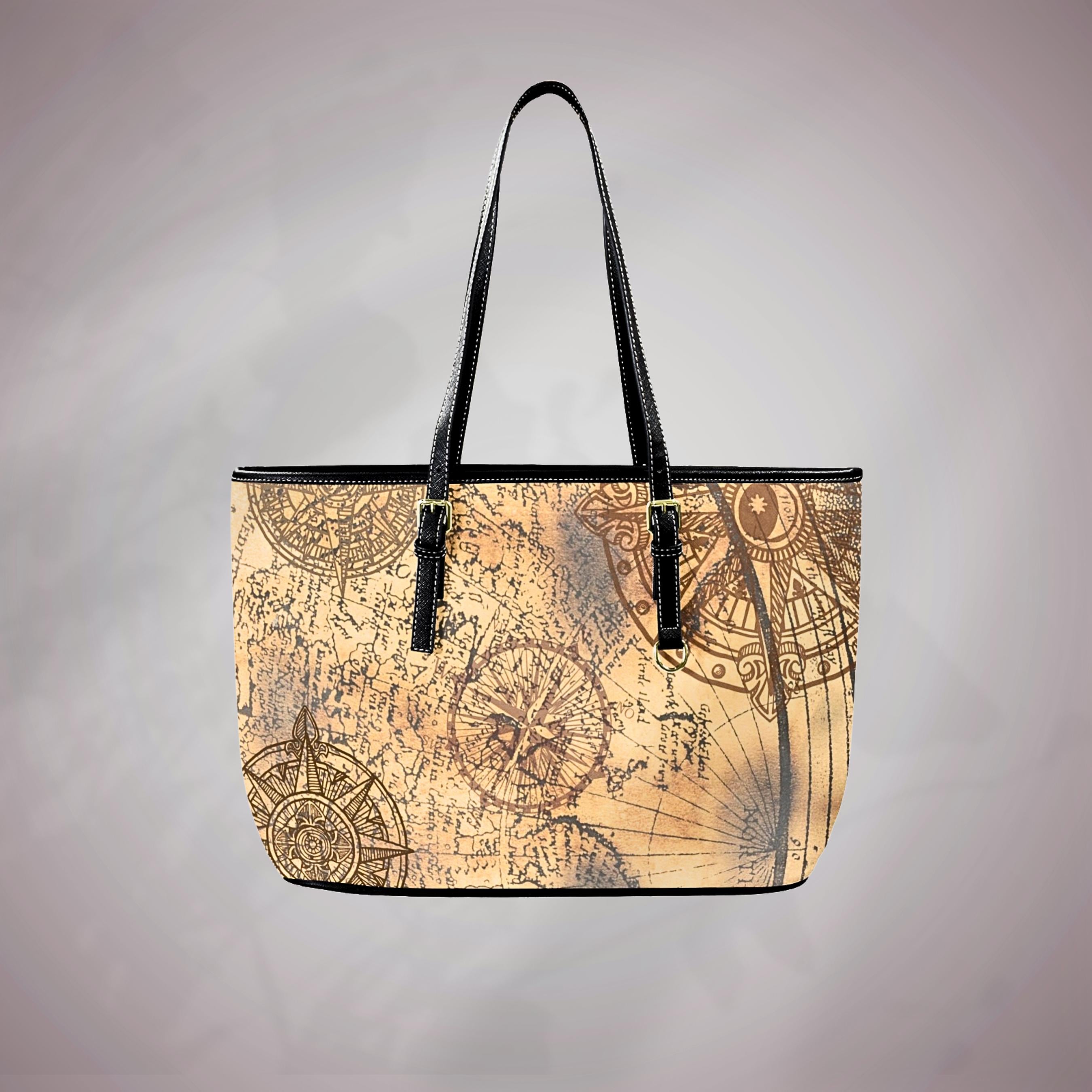 Vintage Compass Tote Bag | PU Leather Shoulder Bag | Old World Map Purse | Antique Nautical Handbag | Traveler Gift for Her
