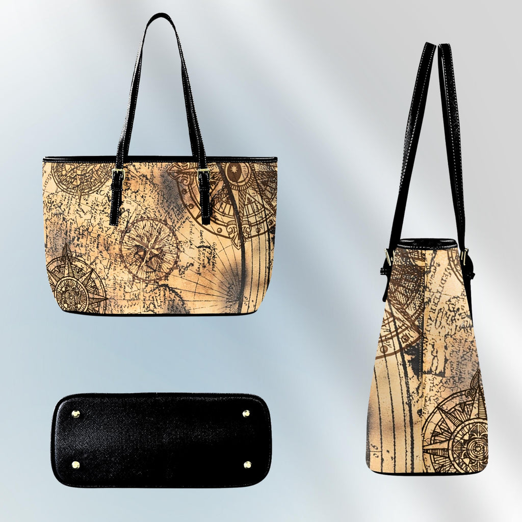 Vintage Compass Tote Bag | PU Leather Shoulder Bag | Old World Map Purse | Antique Nautical Handbag | Traveler Gift for Her