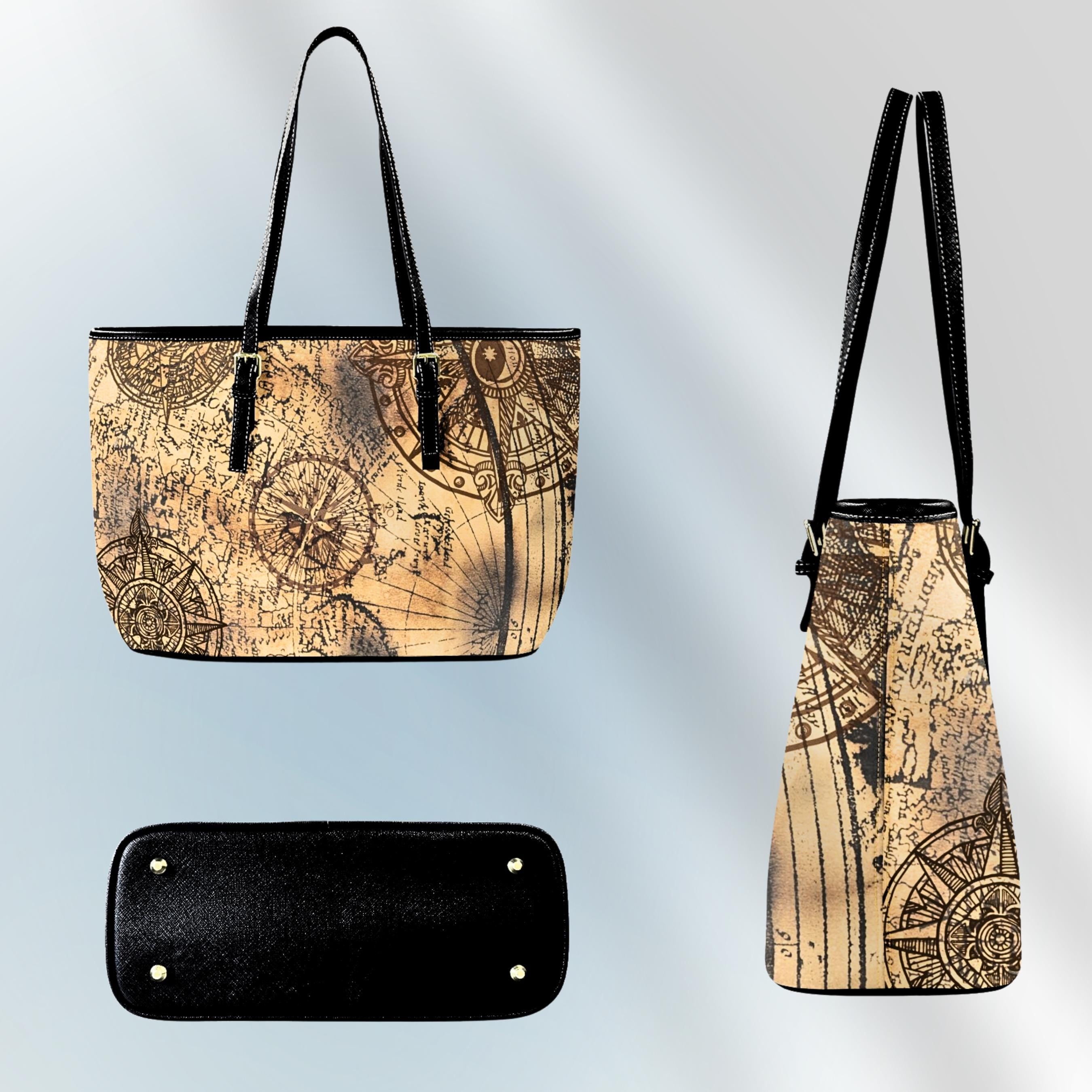 Vintage Compass Tote Bag | PU Leather Shoulder Bag | Old World Map Purse | Antique Nautical Handbag | Traveler Gift for Her