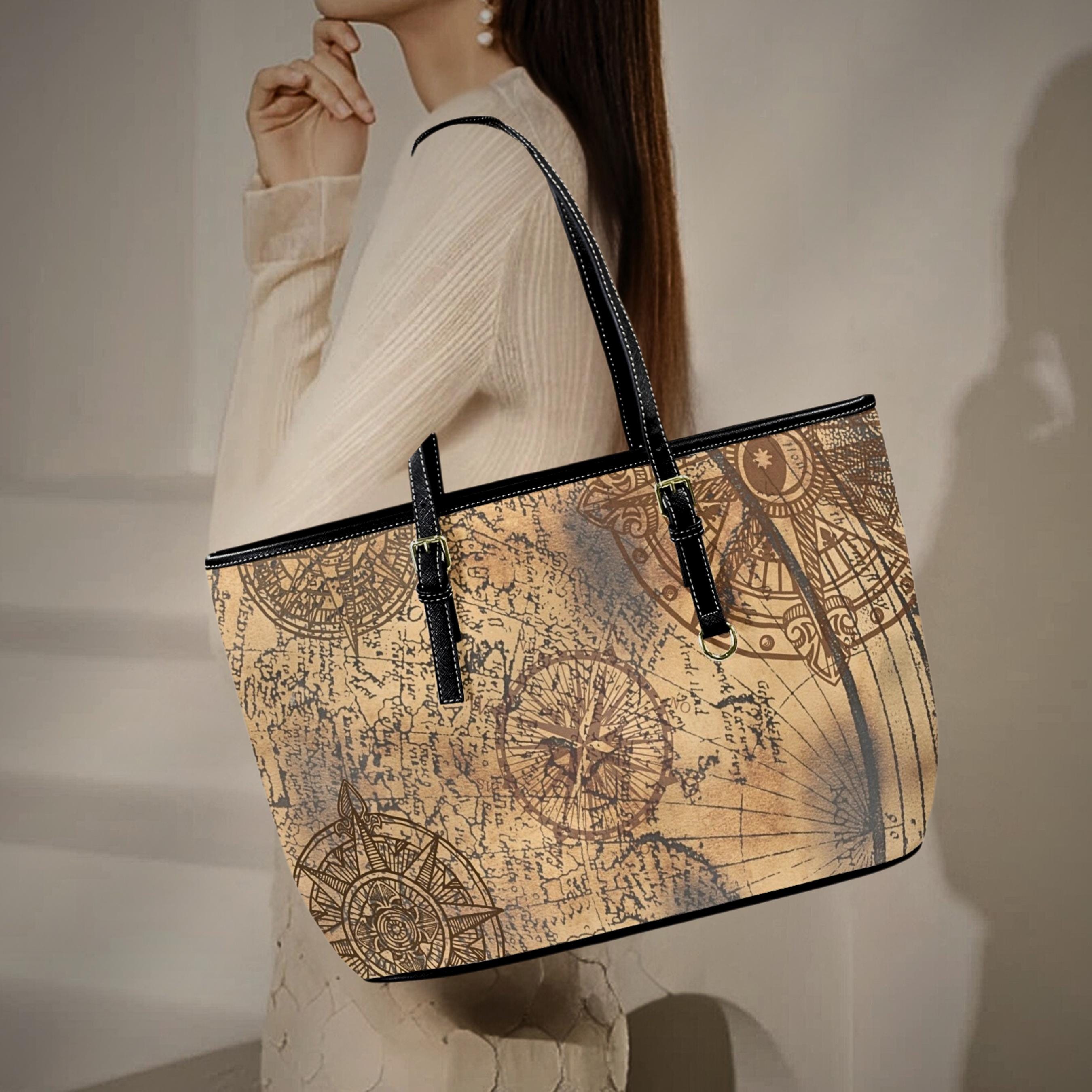 Vintage Compass Tote Bag | PU Leather Shoulder Bag | Old World Map Purse | Antique Nautical Handbag | Traveler Gift for Her