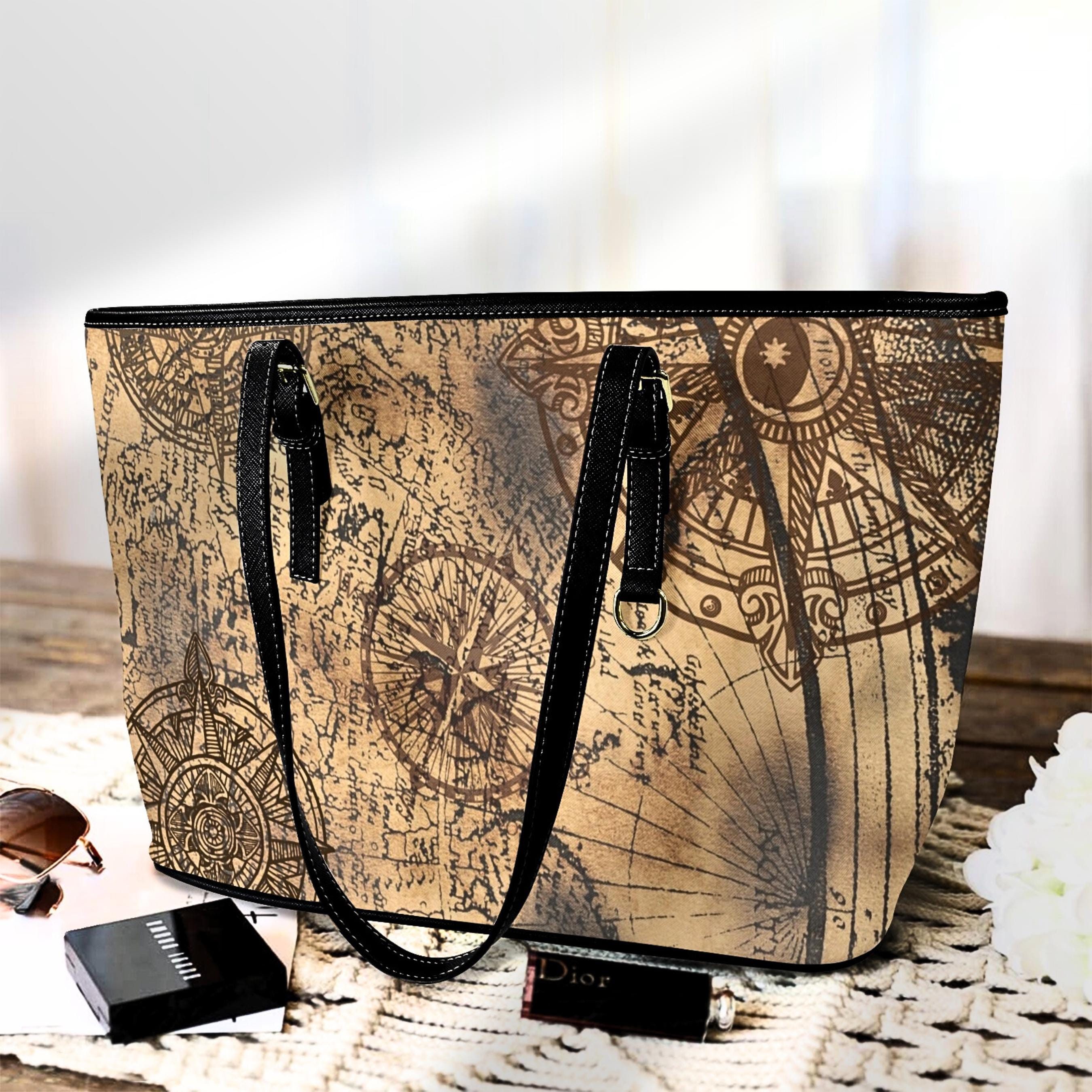 Vintage Compass Tote Bag | PU Leather Shoulder Bag | Old World Map Purse | Antique Nautical Handbag | Traveler Gift for Her
