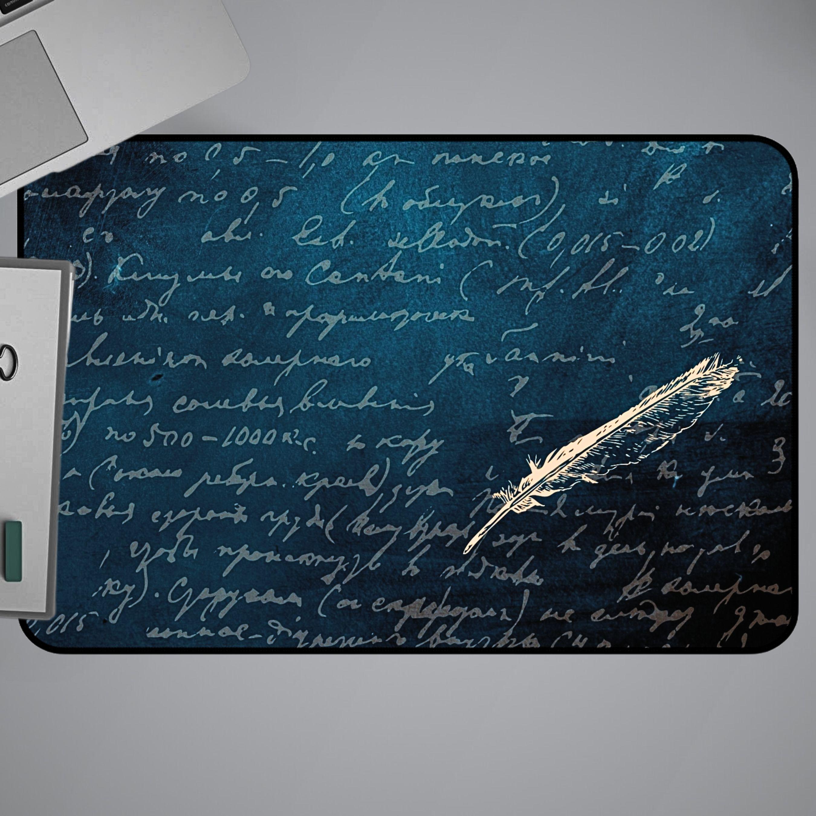 Vintage Manuscript Desk Mat | Dark Teal Neoprene Desk Pad | Feather Quill Mouse Pad | Large Gaming Mat | Writer's Desk Accessory