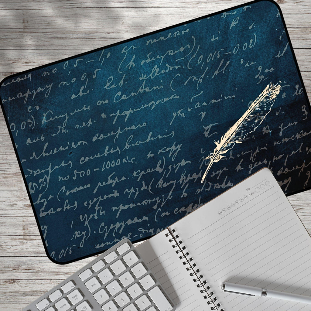 Vintage Manuscript Desk Mat | Dark Teal Neoprene Desk Pad | Feather Quill Mouse Pad | Large Gaming Mat | Writer's Desk Accessory