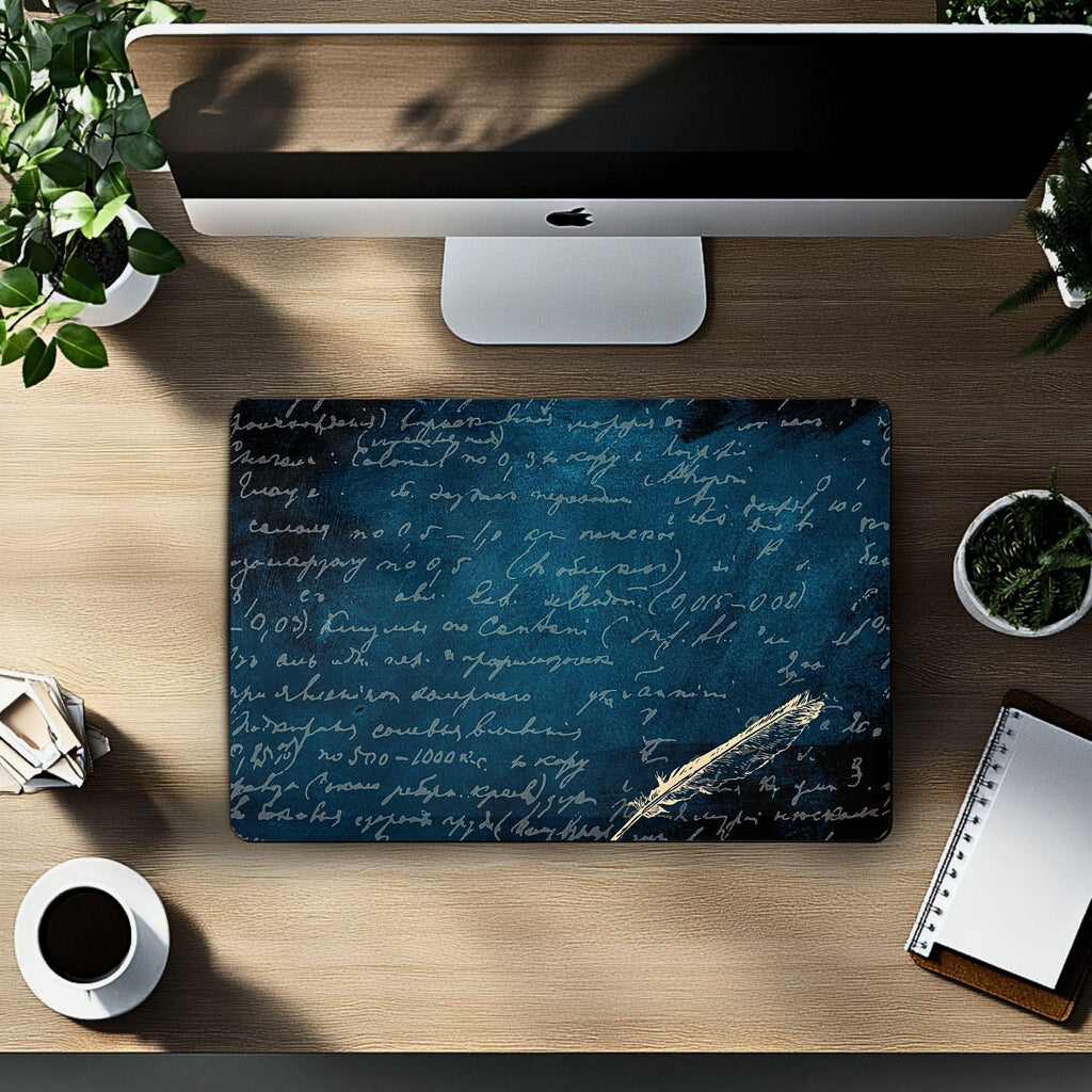 Vintage Manuscript Desk Mat | Dark Teal Neoprene Desk Pad | Feather Quill Mouse Pad | Large Gaming Mat | Writer's Desk Accessory